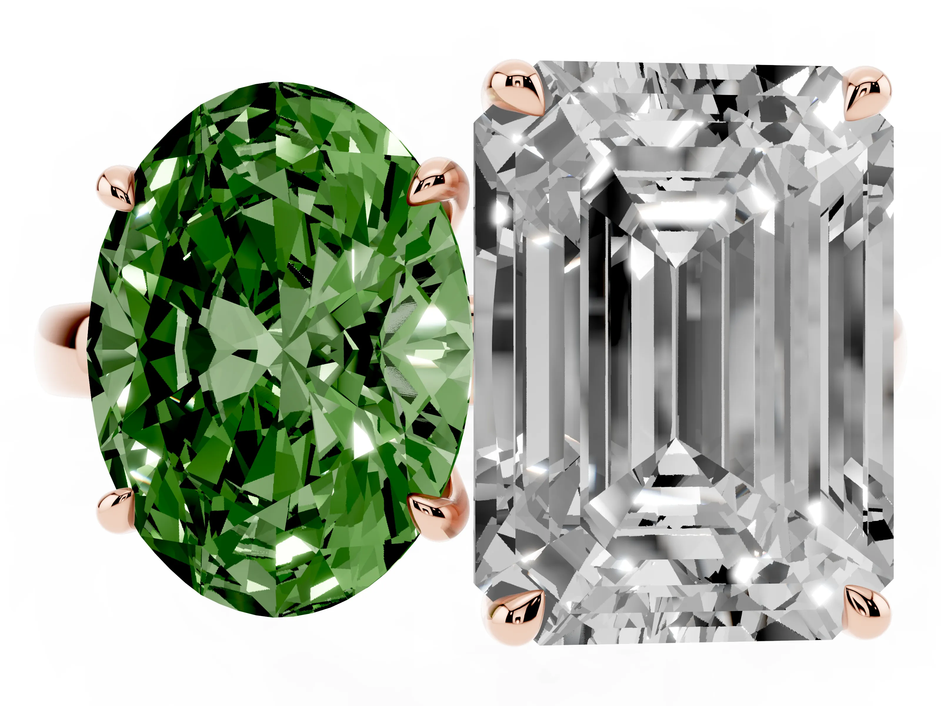 Fancy Green Oval Cut and Emerald Cut Toi Moi Ring Set in Rose gold with Prong Setting