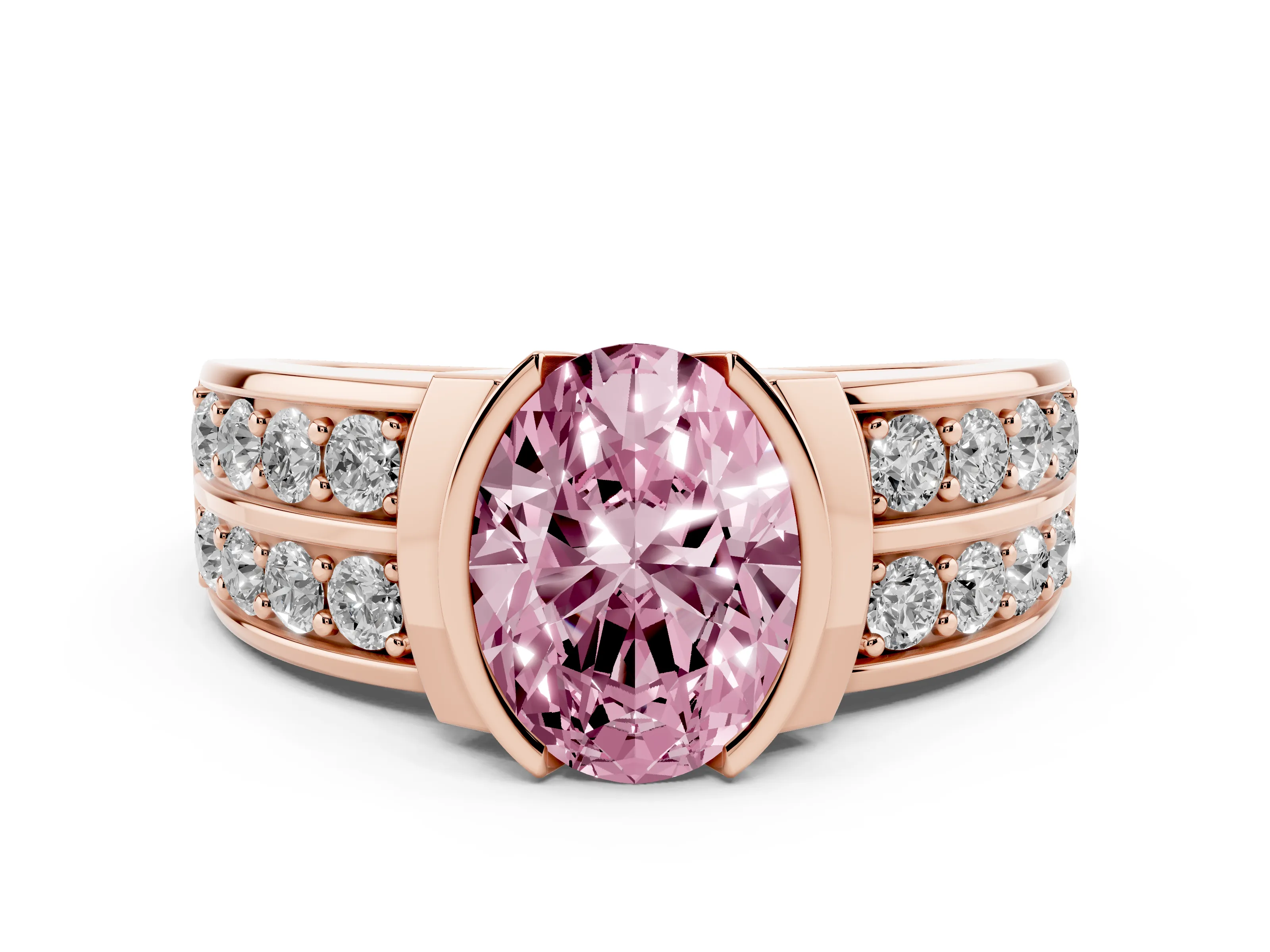 Fancy Pink Oval Cut Diamond Wide Channel Set Band Ring Set in Rose gold with Bezel Setting