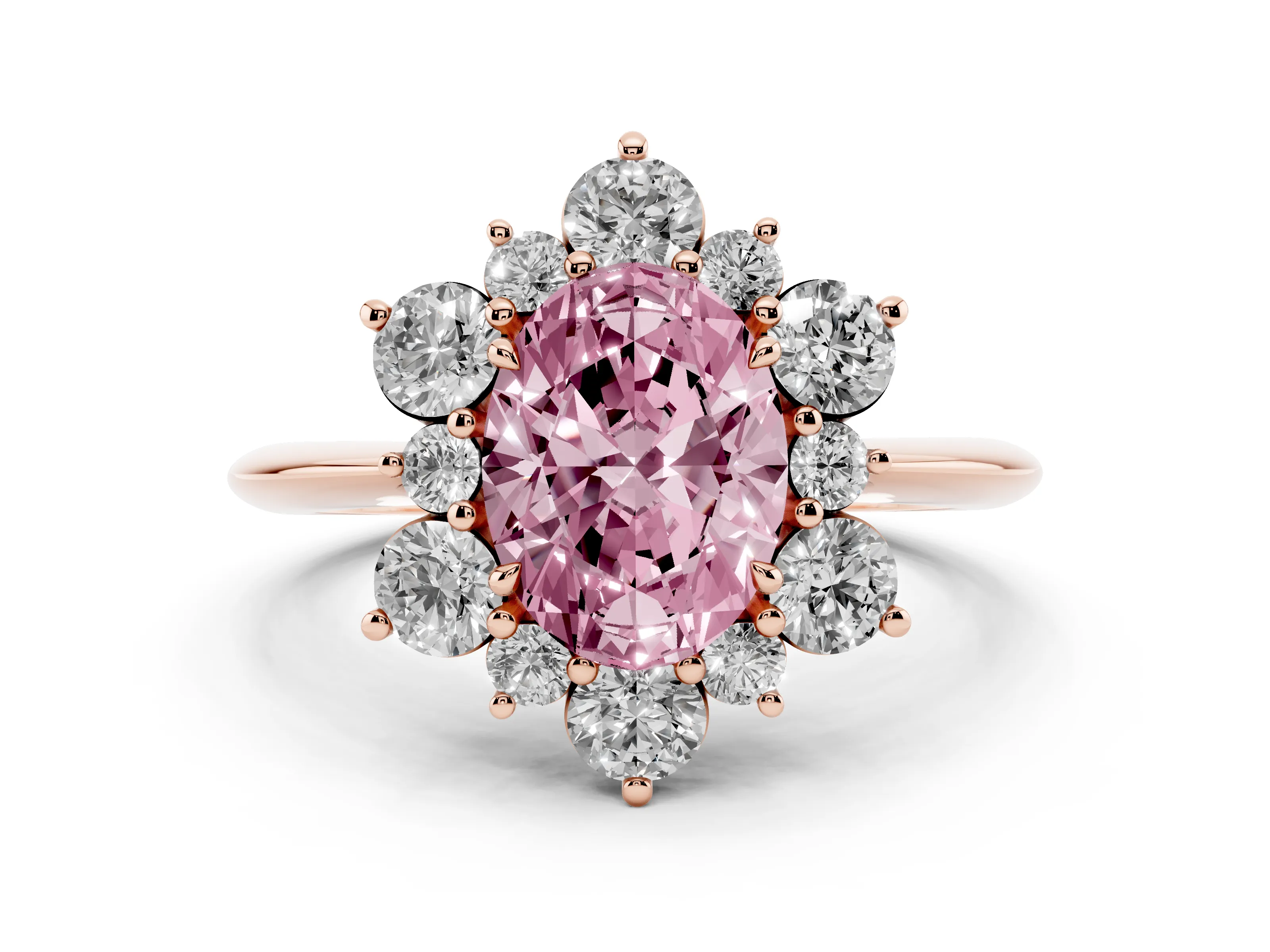 Fancy Pink Oval Cut Diamond Cluster Halo Ring Set in Rose gold with Solitaire Band and Prong Setting
