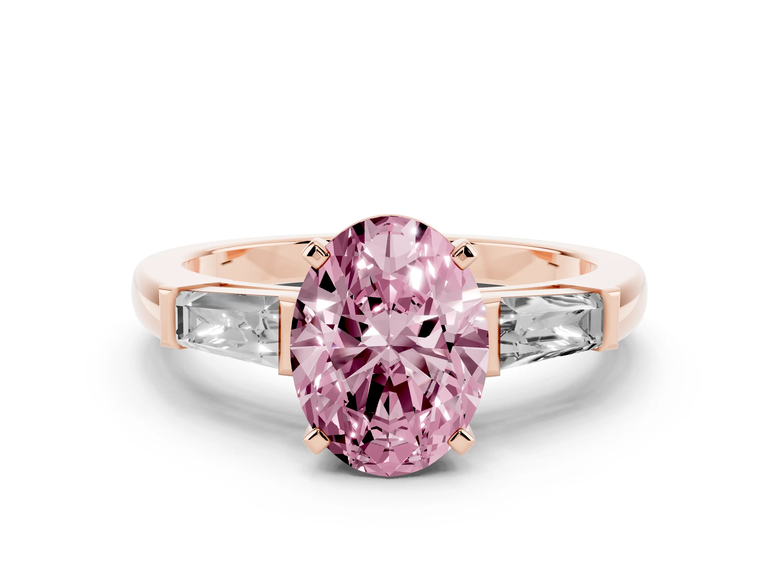 Fancy Pink Oval Cut Diamond Solitaire Ring Set in Rose gold with Tapered Baguette Side Stones and Prong Setting