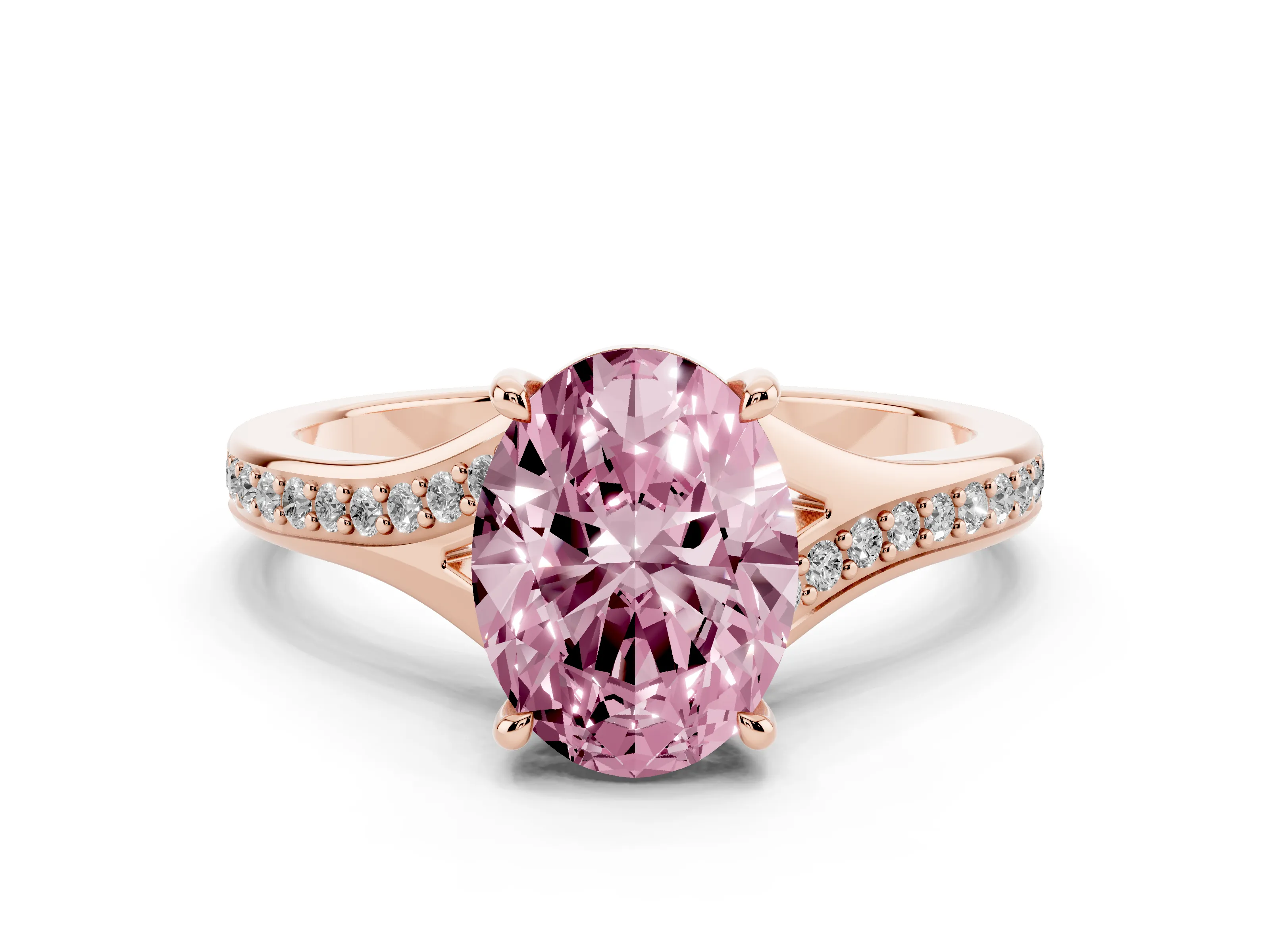 Fancy Pink Oval Cut Diamond Solitaire Ring Set in Rose gold with Pavé Accent Band and Classic Prong Setting