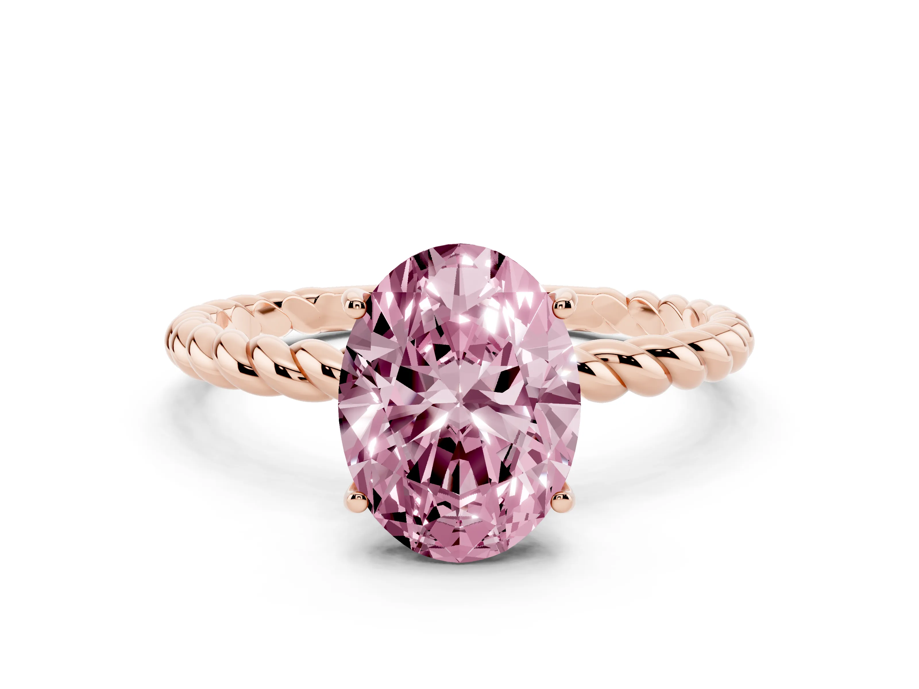 Fancy Pink Oval Cut Diamond Solitaire Twisted Band Ring Set in Rose gold with Prong Solitaire Setting
