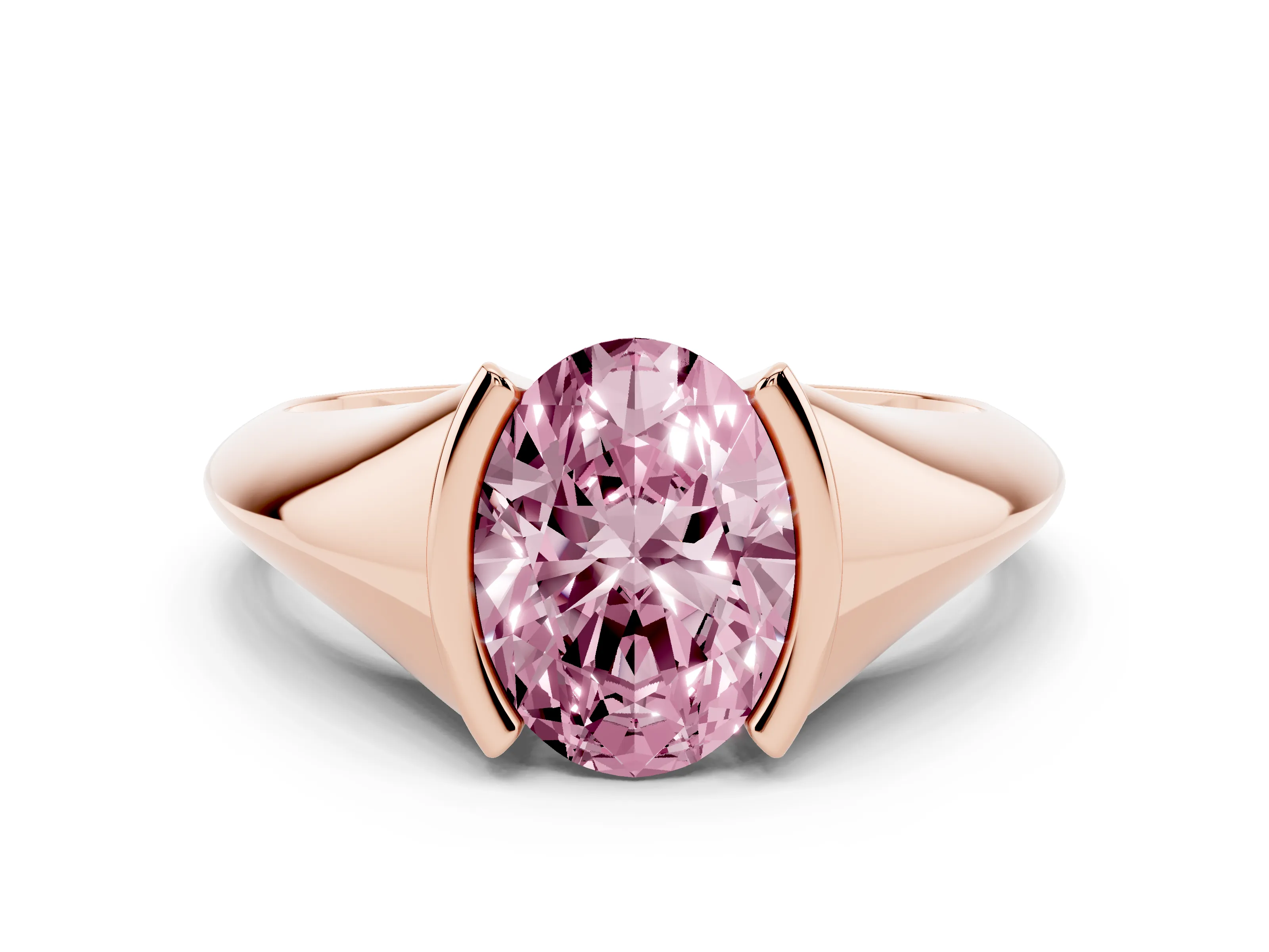 Fancy Pink Oval Cut Diamond Solitaire Tension Set Ring Set in Rose gold