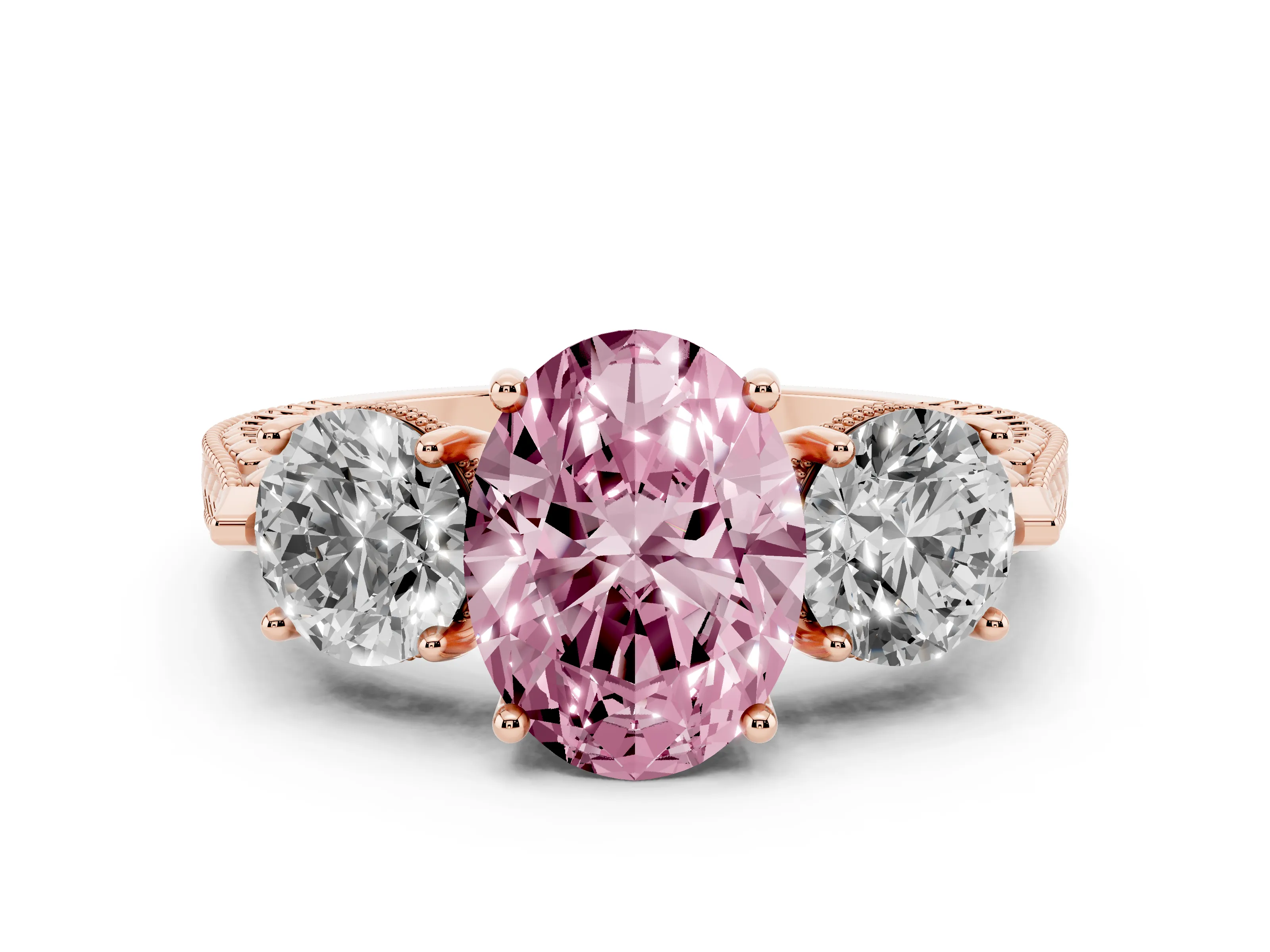 Fancy Pink Oval Cut Diamond Three-Stone Ring Set in Rose gold with Milgrain Band