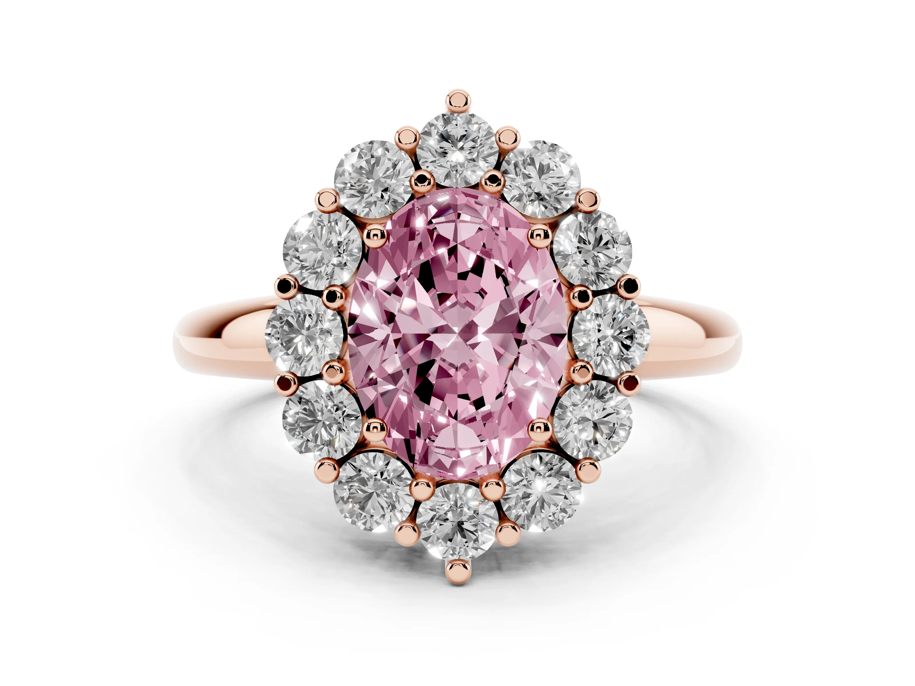 Fancy Pink Oval Cut Diamond Halo Cluster Engagement Ring Set in Rose gold with Polished Band and Prong Setting