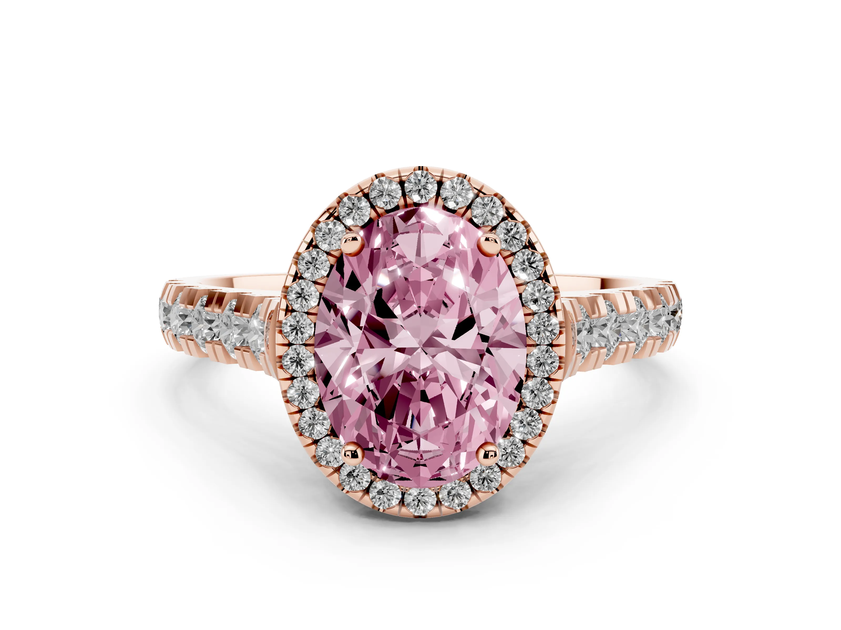 Fancy Pink Oval Cut Diamond Halo Engagement Ring Set in Rose gold with Pavé Band and Prong-Set Center