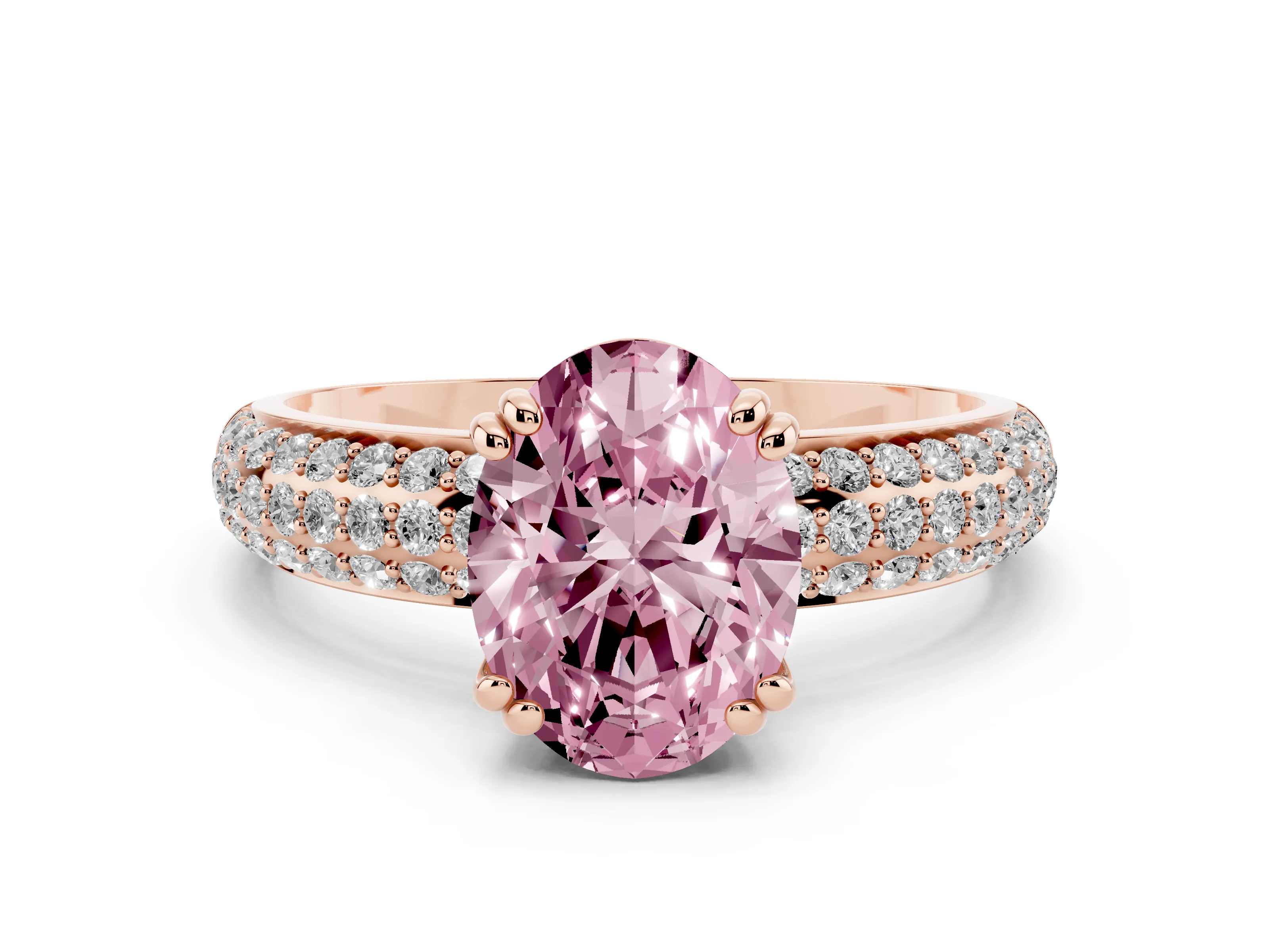 Fancy Pink Oval Cut Diamond Solitaire Ring Set in Rose gold with Multi-Row Round Pavé Band and Prong Setting