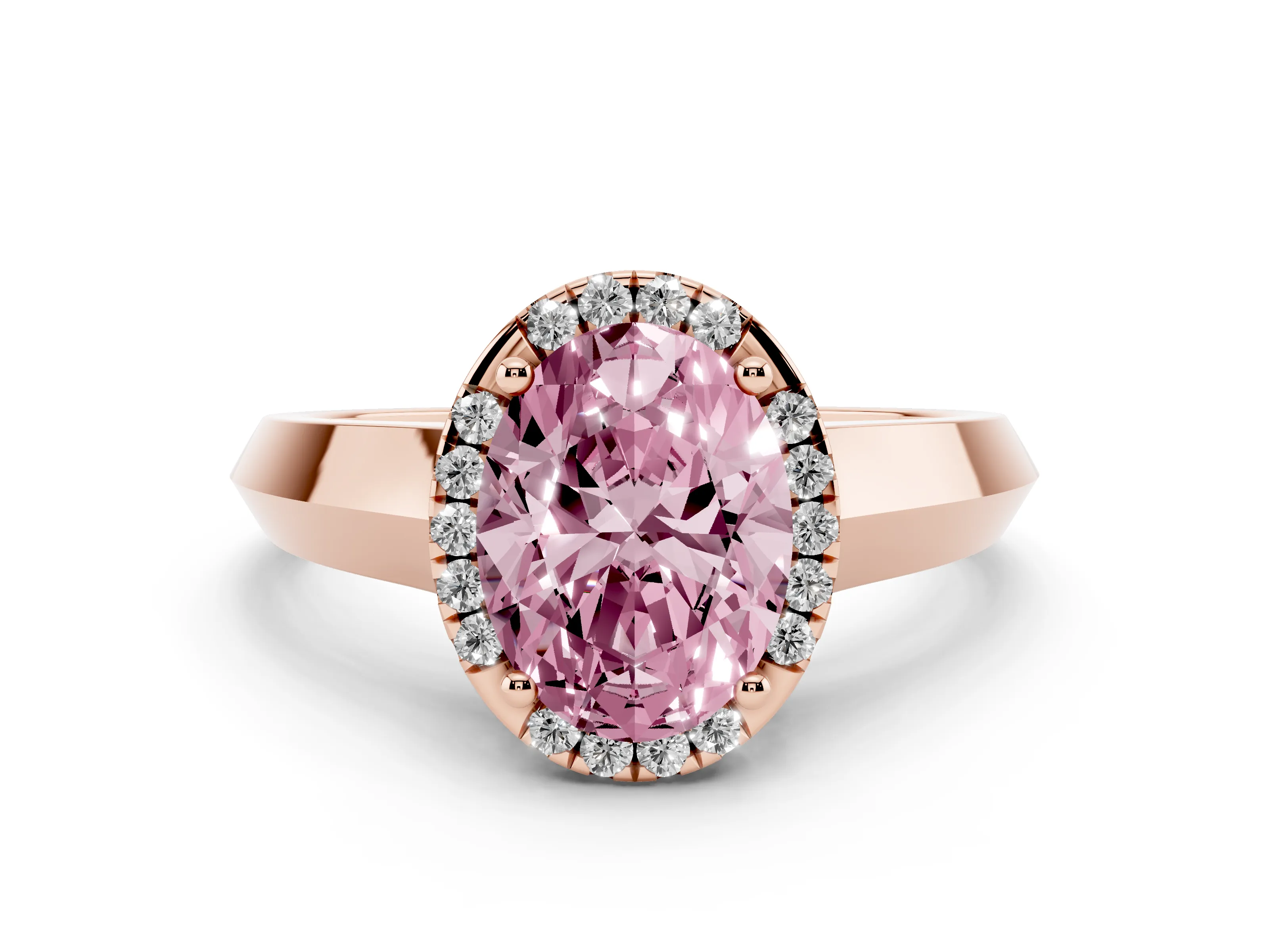 Fancy Pink Oval Cut Diamond Halo Ring Set in Rose gold with Cathedral Band and Prong Setting