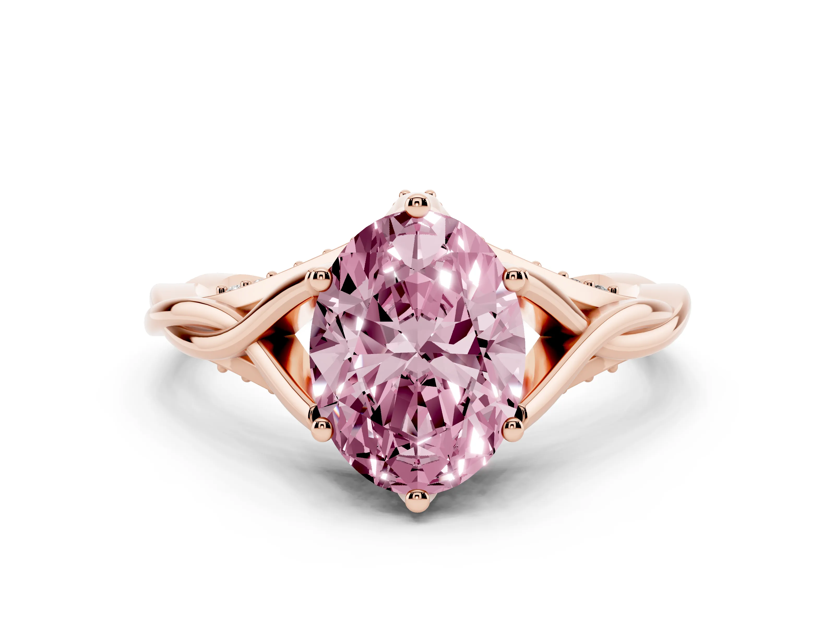 Fancy Pink Oval Cut Diamond Intertwined Twist Band Solitaire Ring Set in Rose gold with Prong Setting