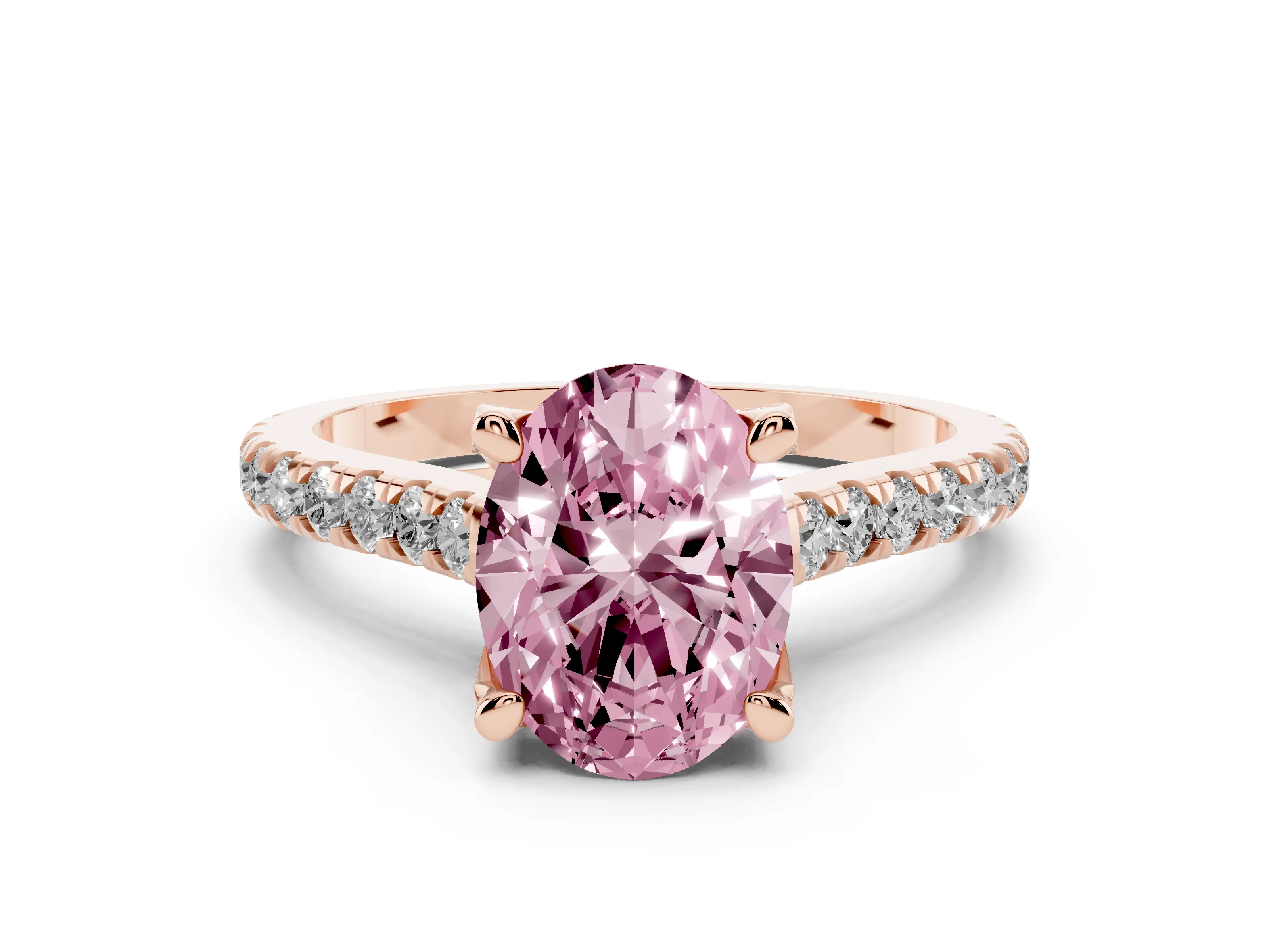 Fancy Pink Oval Cut Diamond Solitaire Ring Set in Rose gold with Brilliant Pavé Band and Prong Setting