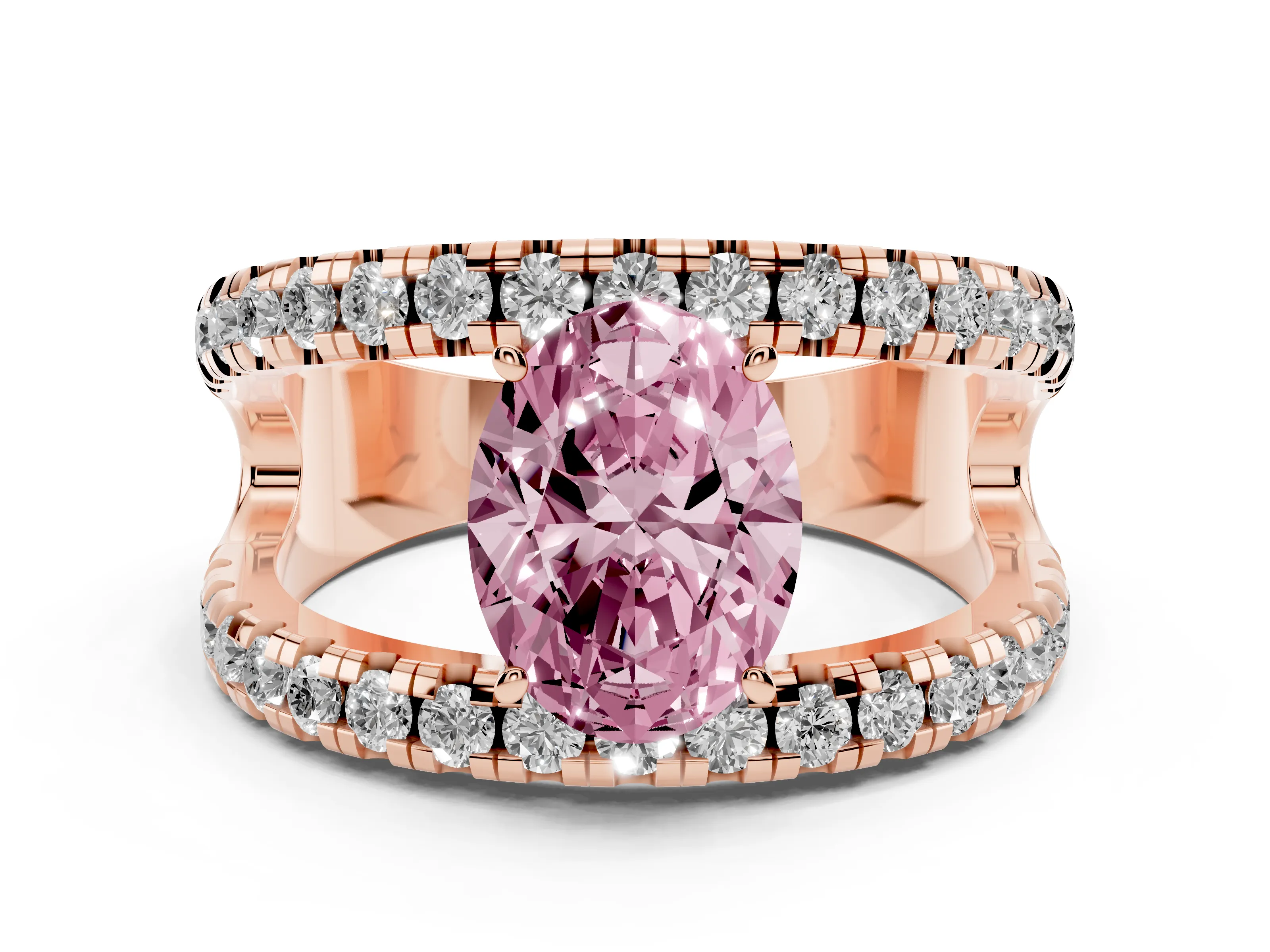 Fancy Pink Oval Cut Diamond Split Shank Pavé Solitaire Ring Set in Rose gold with Open Shank Design