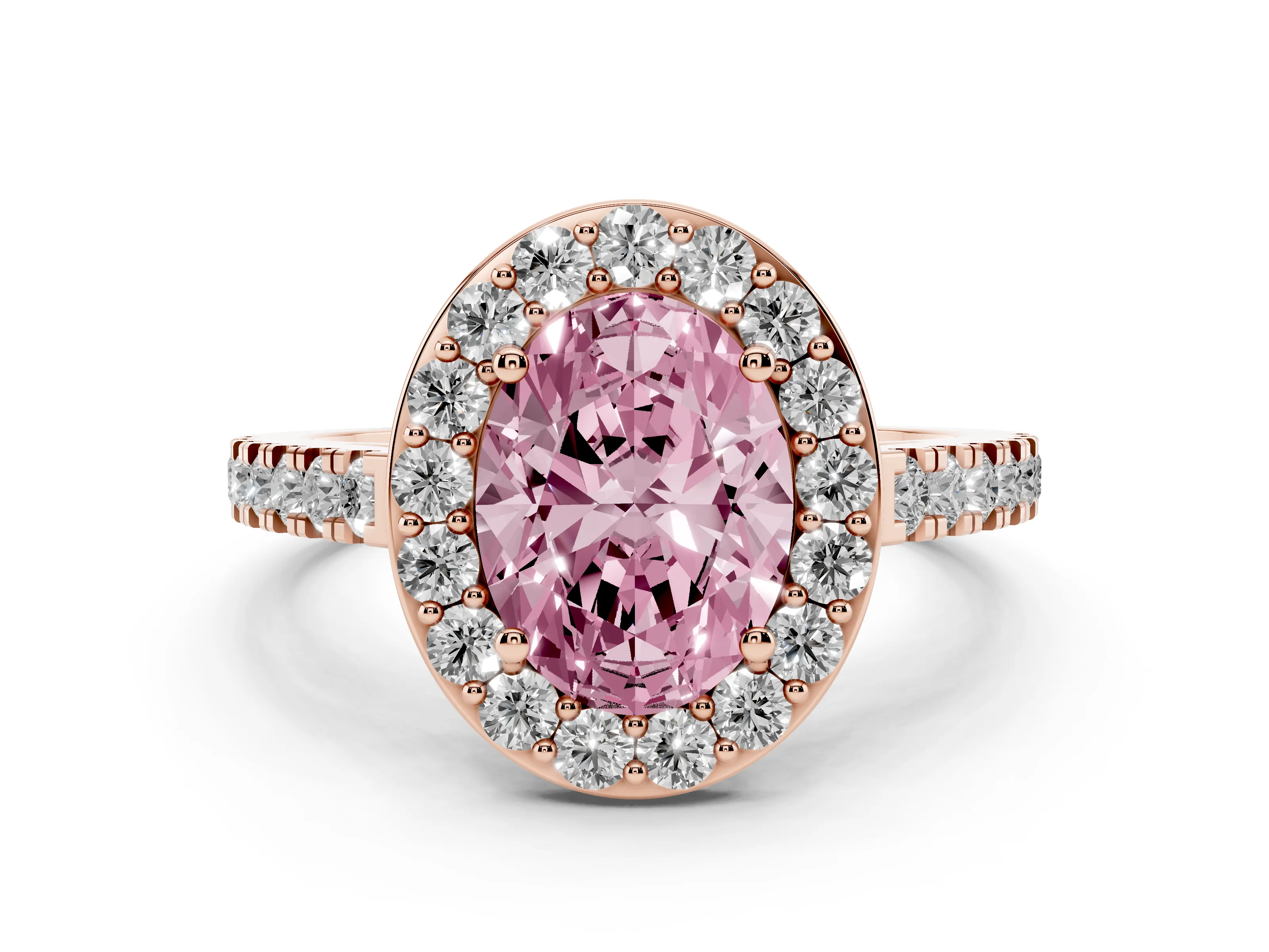Fancy Pink Oval Cut Diamond Halo Ring Set in Rose gold with Round Pavé Split Shank and Prong Setting