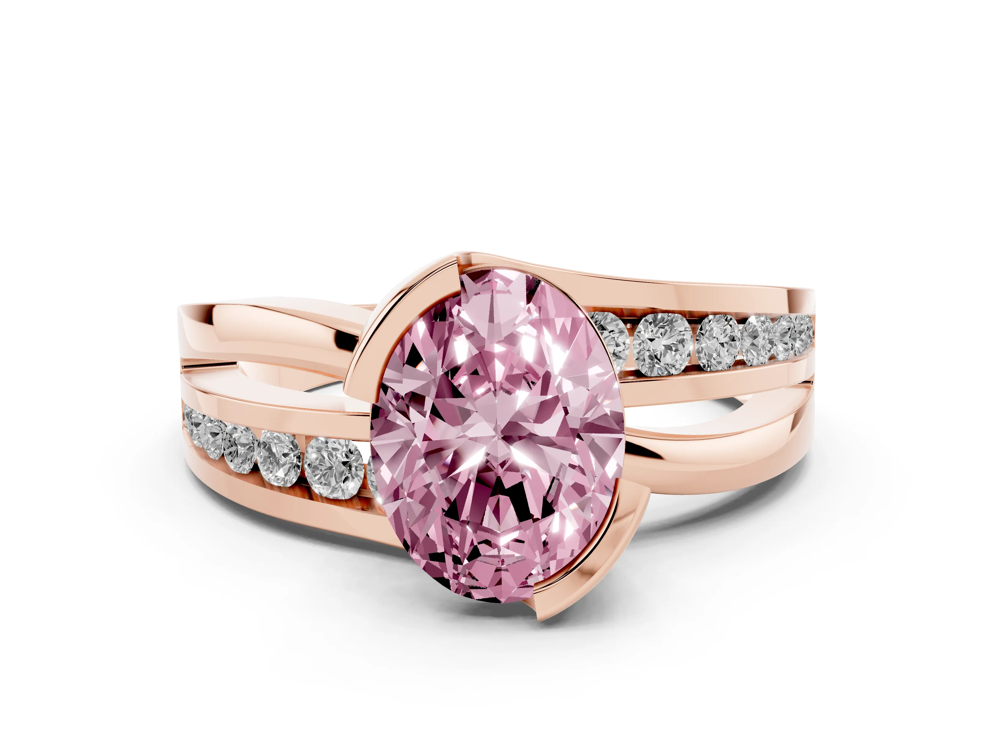 Fancy Pink Oval Cut Diamond Solitaire Ring Set in Rose gold with Channel Set Split Shank and Tension Prongs