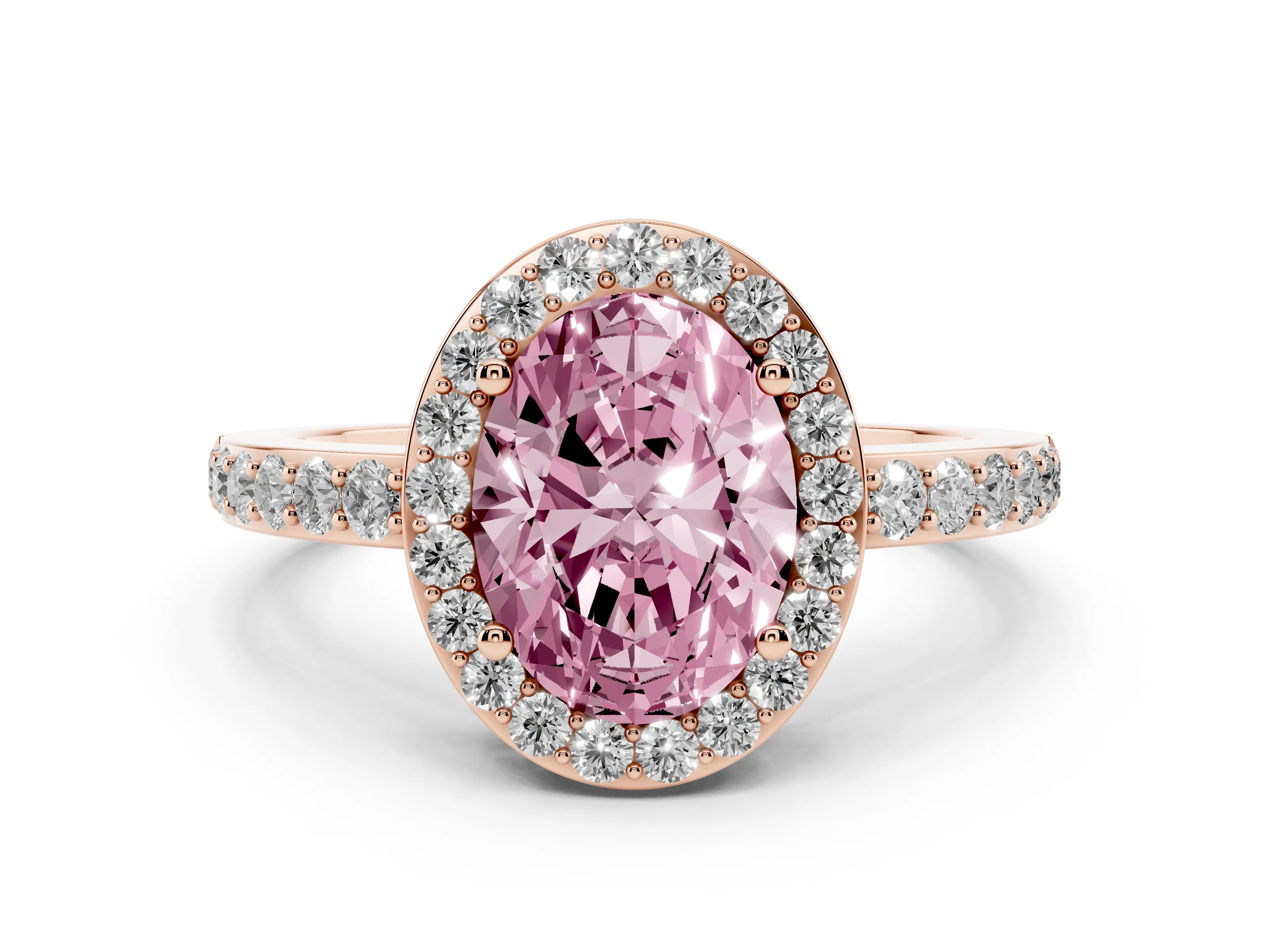 Fancy Pink Oval Cut Diamond Halo Ring Set in Rose gold with Pavé-Setting Band and Open Prong Center