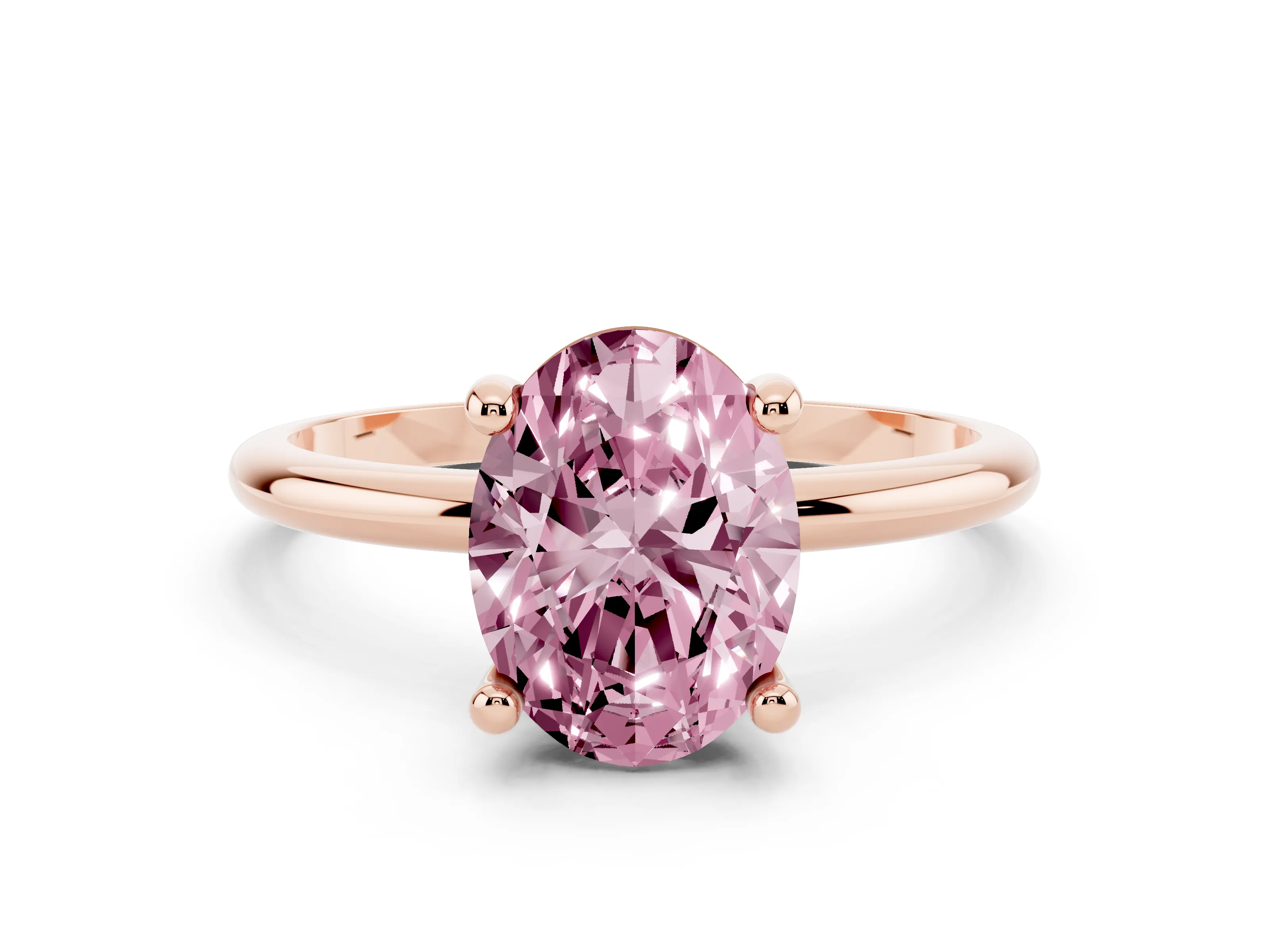 Fancy Pink Oval Cut Diamond Solitaire Ring Set in Rose gold with Secure Prong Setting on a Classic Band