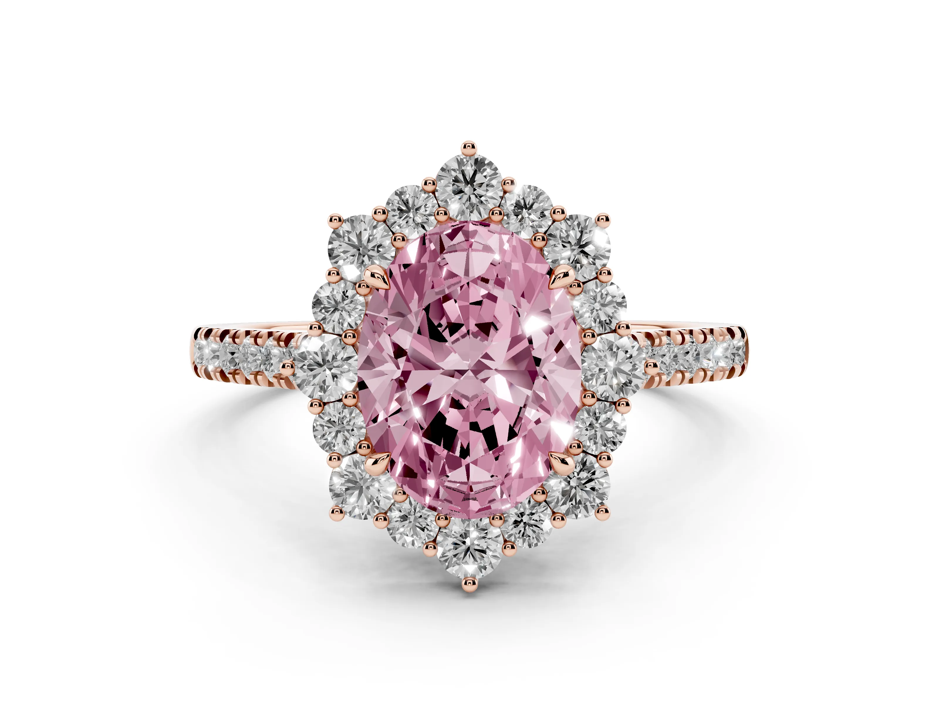 Fancy Pink Oval Cut Diamond Halo Ring Set in Rose gold with Pavé Band and Prong Setting