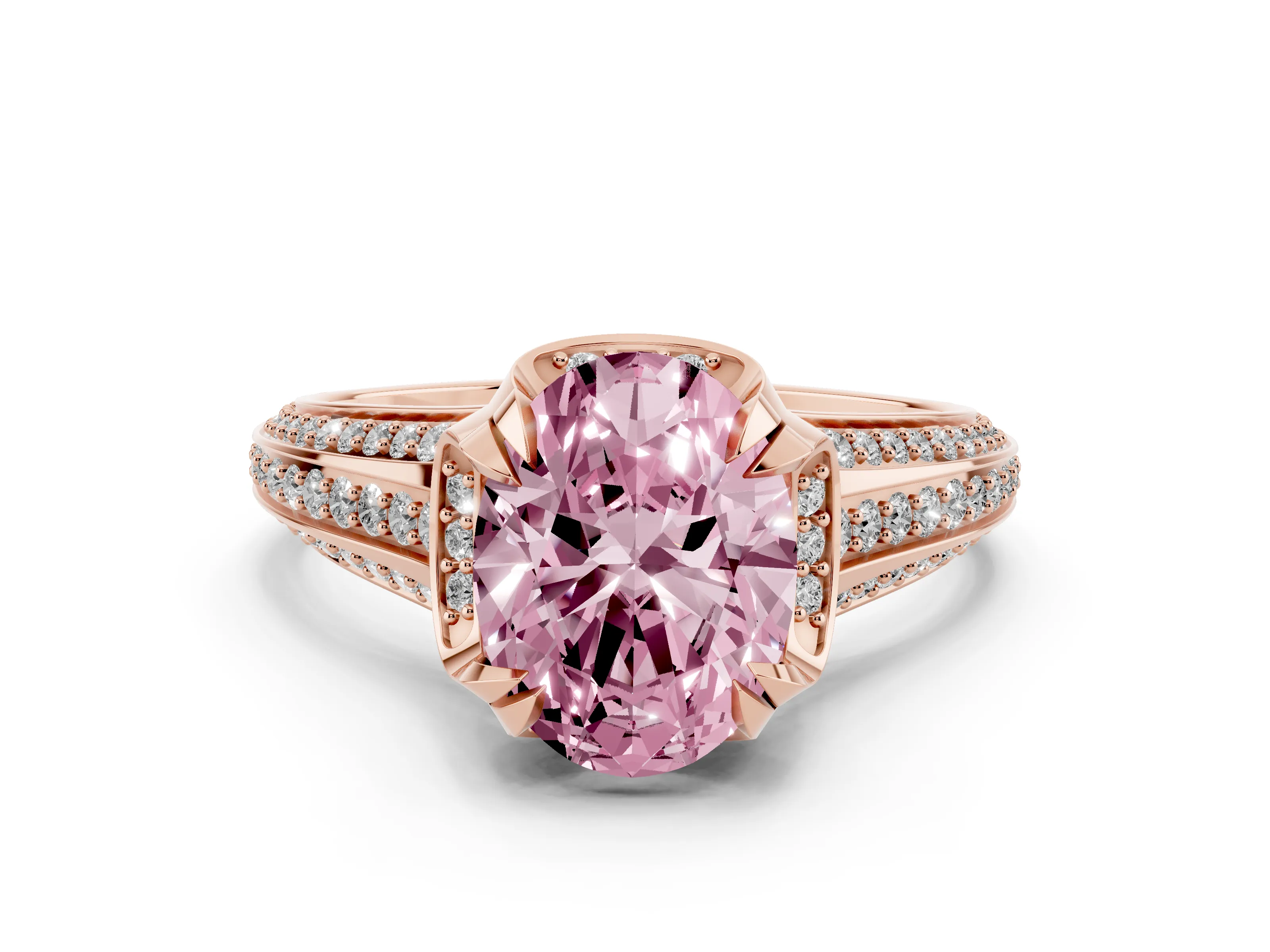Fancy Pink Oval Cut Diamond Pavé Split Shank Solitaire Ring Set in Rose gold with Prong Setting