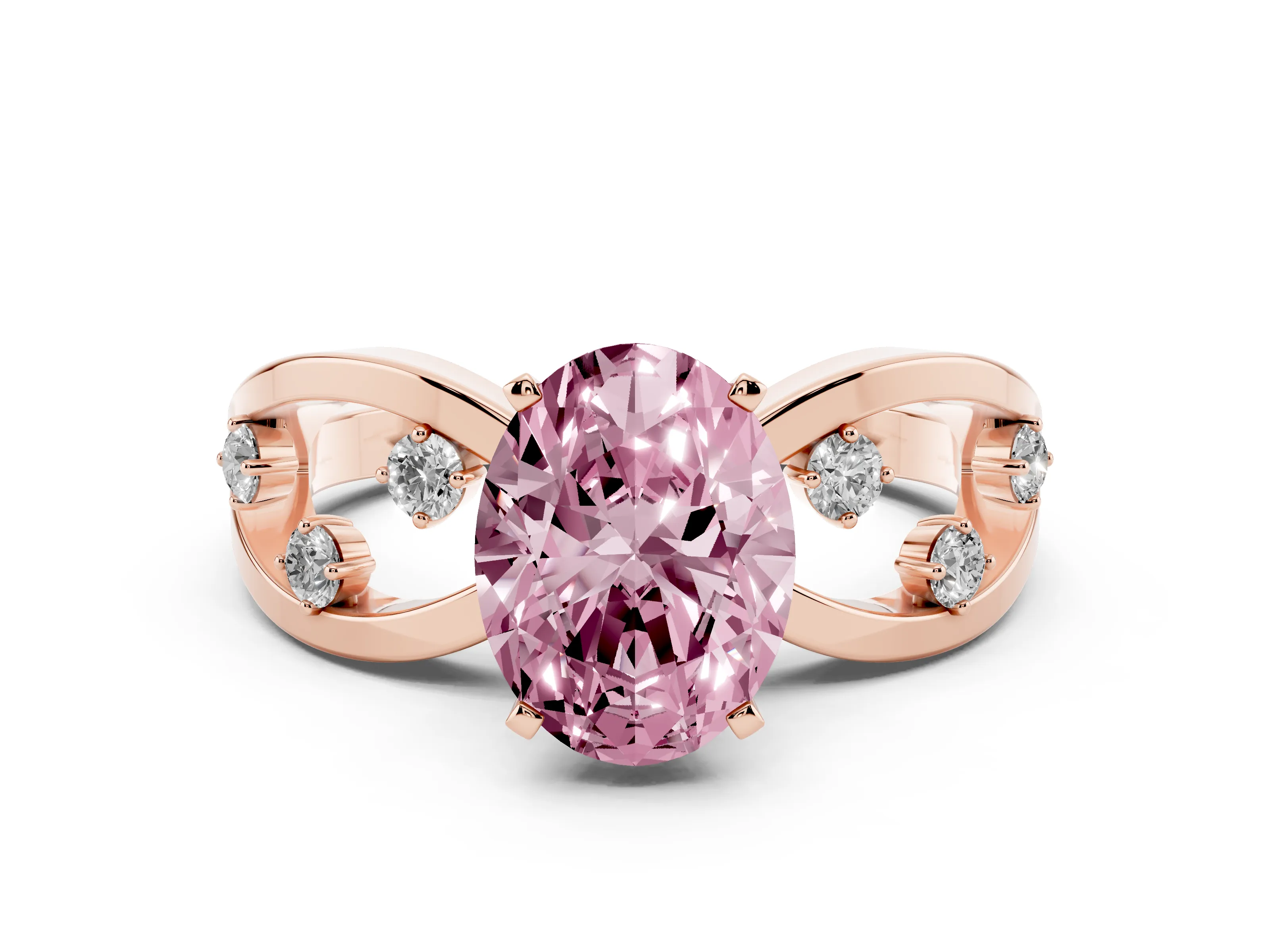 Fancy Pink Oval Cut Diamond Solitaire Ring Set in Rose gold with Side Stones on Criss-Cross Band and Prong Setting
