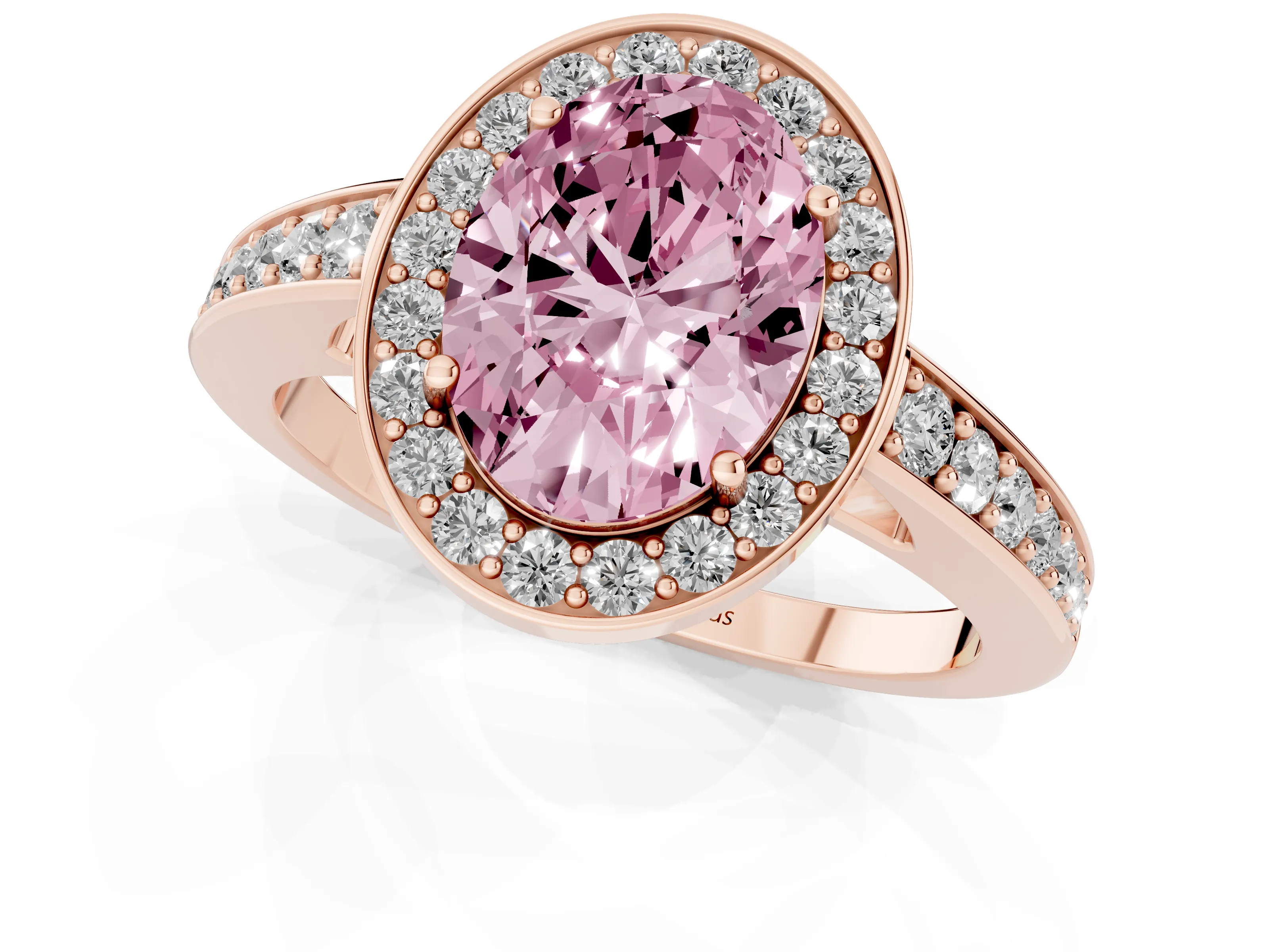 Fancy Pink Oval Cut Diamond Halo Pavé Engagement Ring Set in Rose gold with Bezel Setting