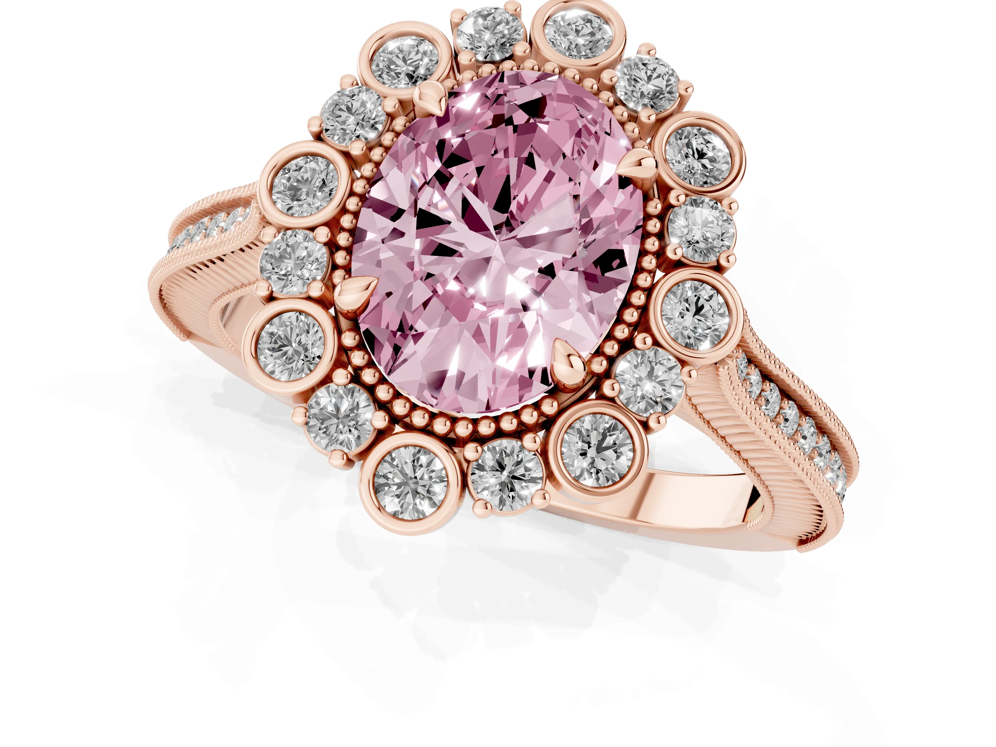 Fancy Pink Oval Cut Diamond Halo Milgrain Pavé Ring Set in Rose gold with Prong Setting