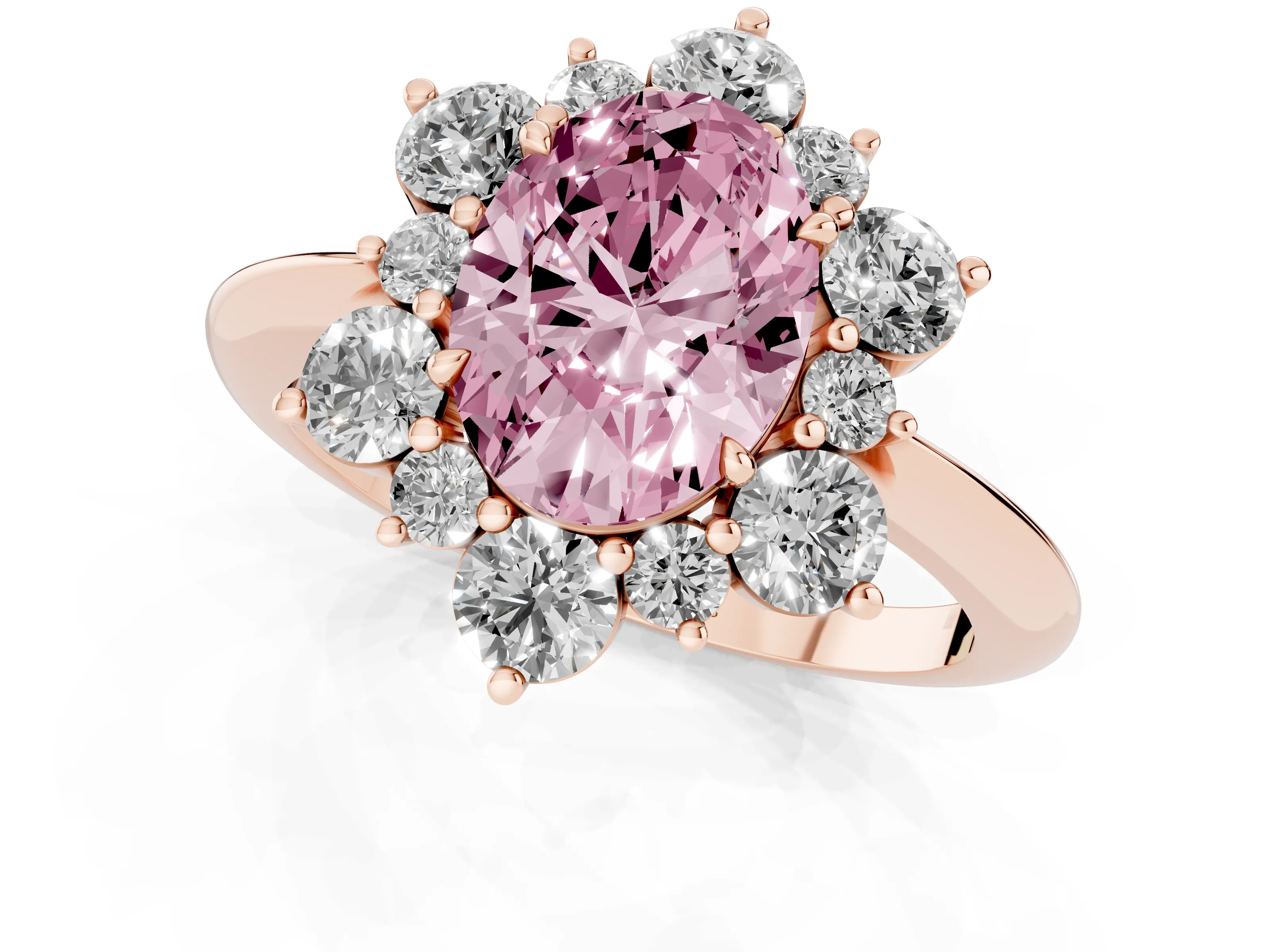 Fancy Pink Oval Cut Diamond Cluster Halo Ring Set in Rose gold with Solitaire Band and Prong Setting