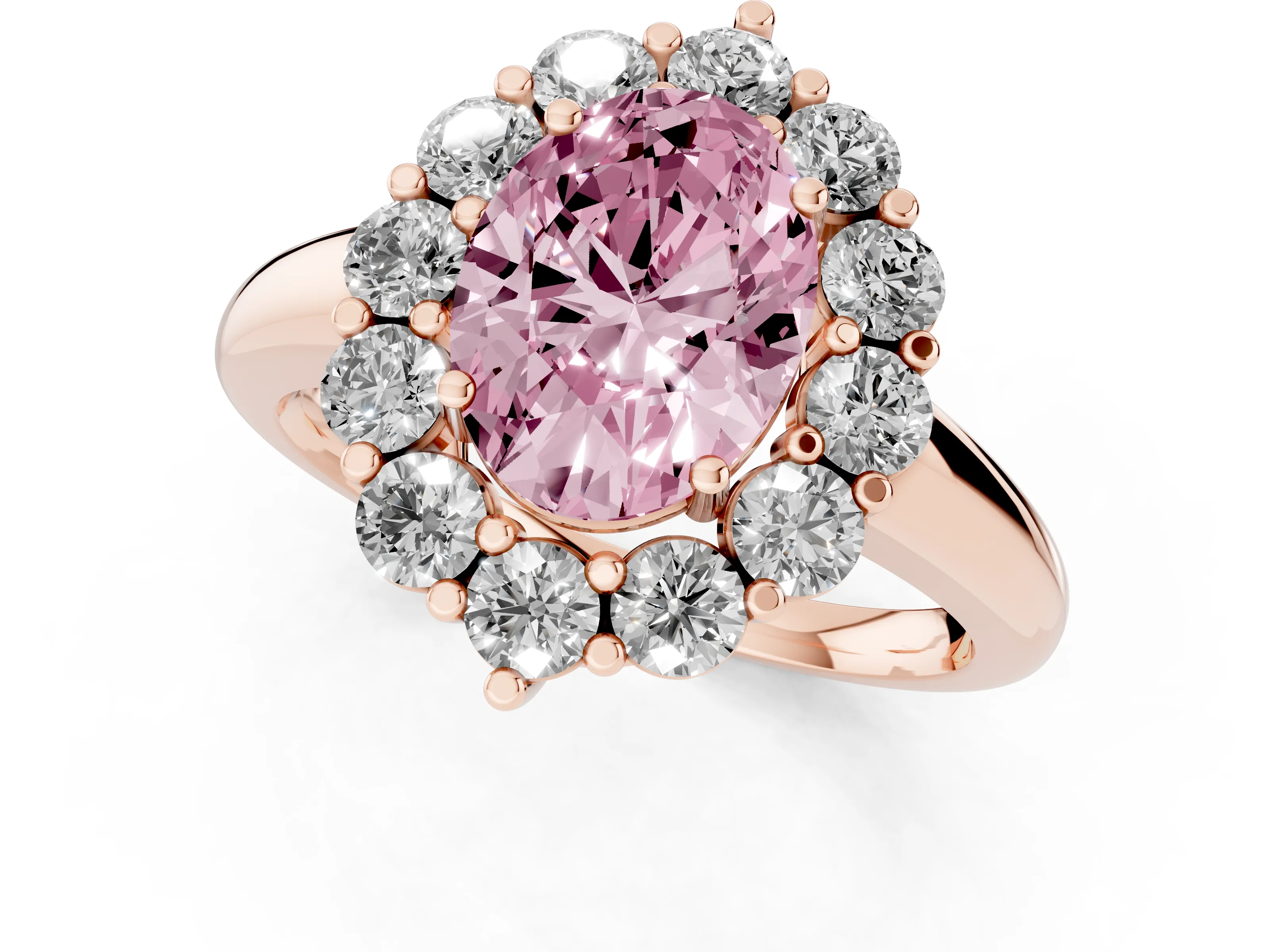 Fancy Pink Oval Cut Diamond Halo Cluster Engagement Ring Set in Rose gold with Polished Band and Prong Setting