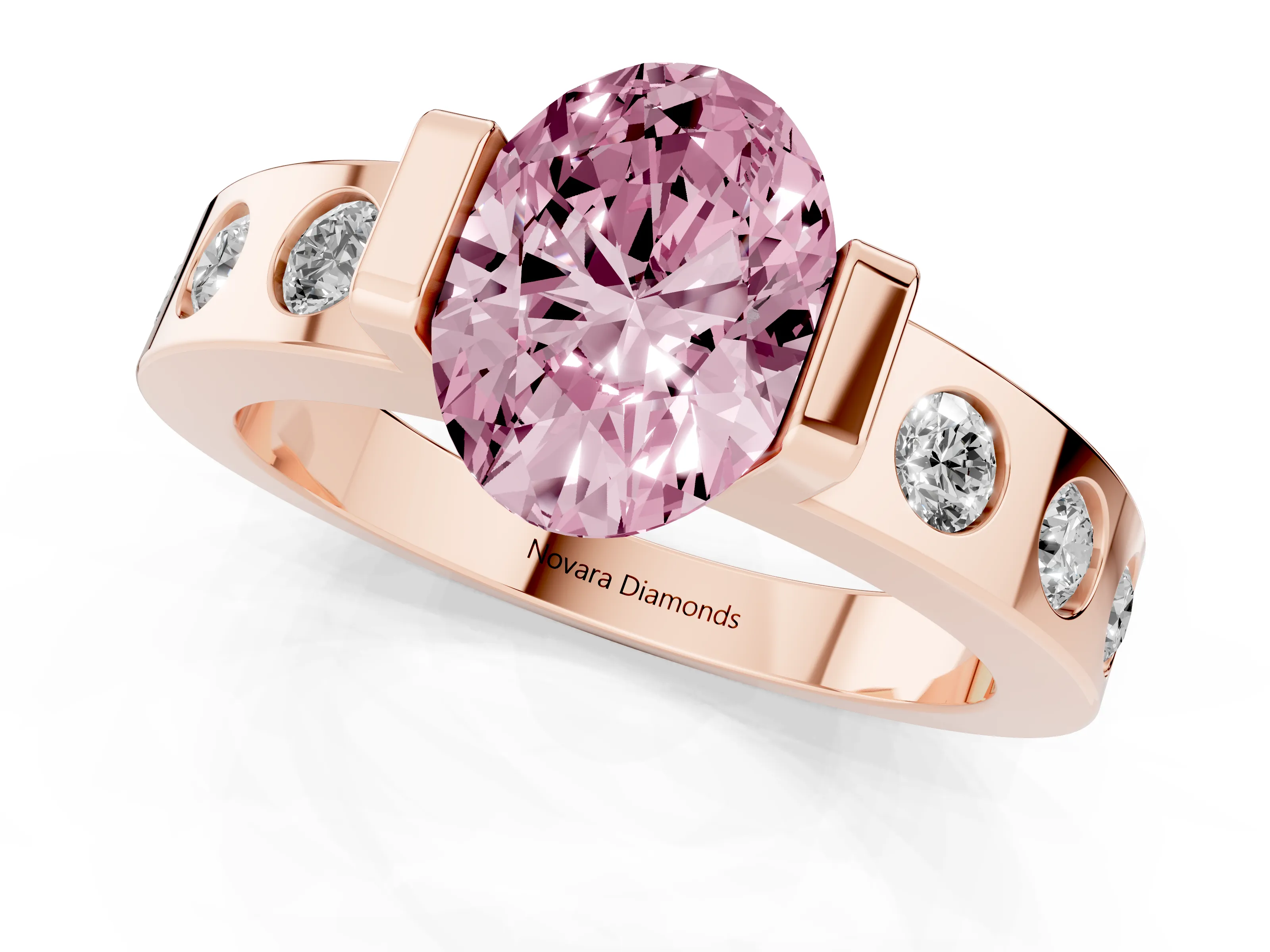 Fancy Pink Oval Cut Diamond Channel-Set Band Ring Set in Rose gold with Bezel Prong Setting
