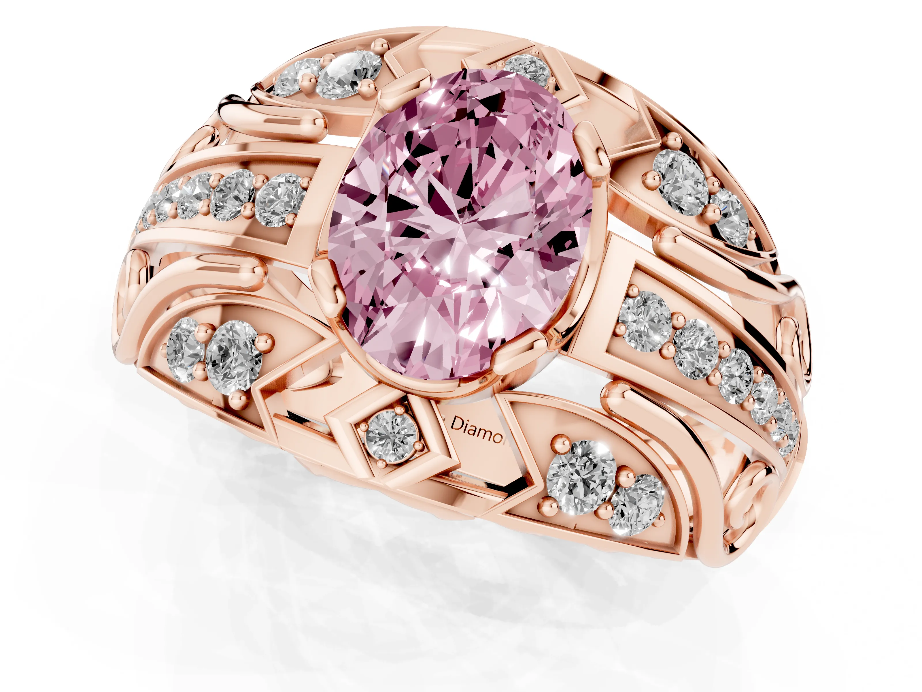 Fancy Pink Oval Cut Diamond Art Deco Ring Set in Rose gold with Pavé Split Shank