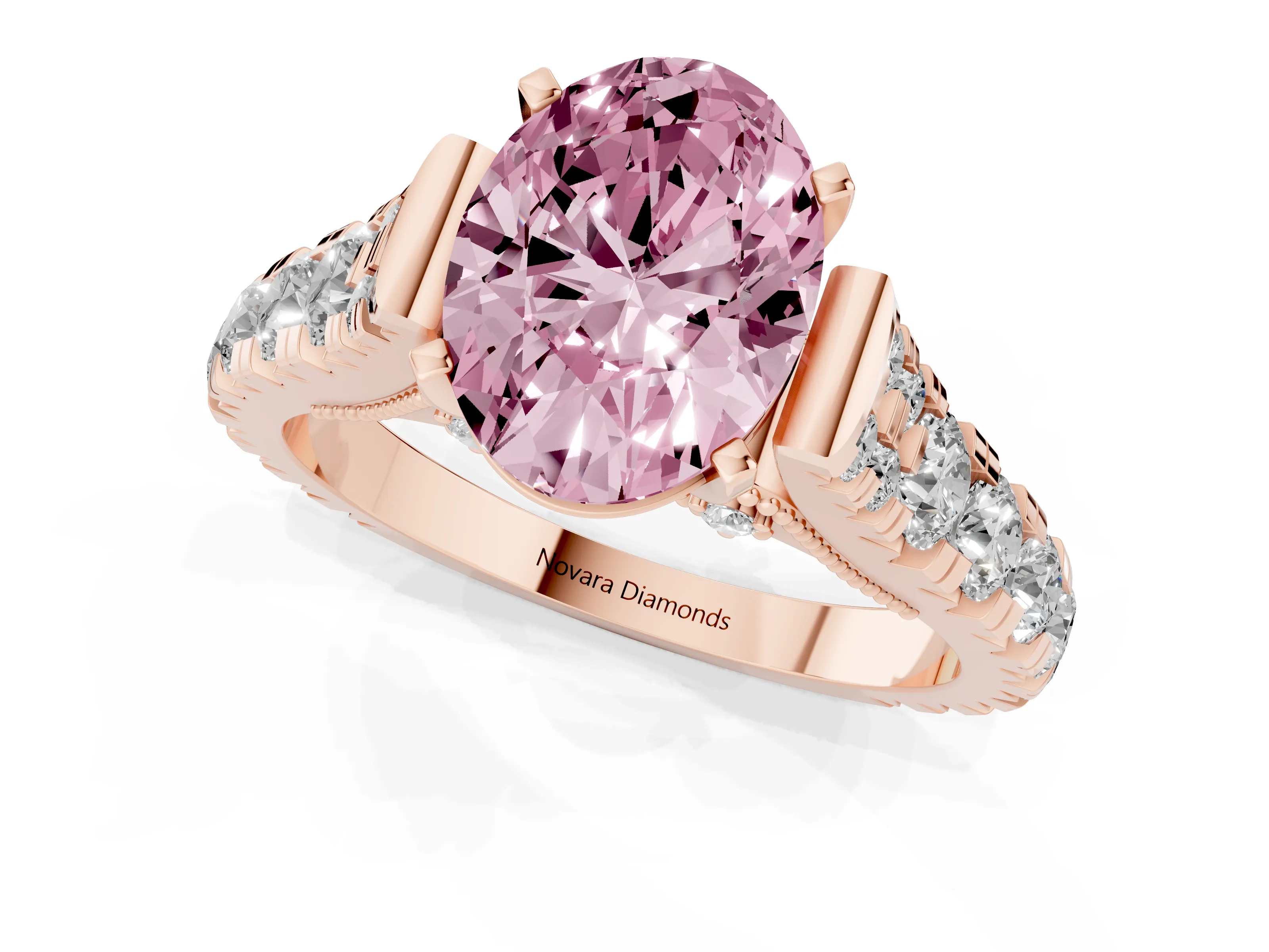 Fancy Pink Oval Cut Diamond Classic Solitaire Ring Set in Rose gold with Pavé Band and Prong Setting