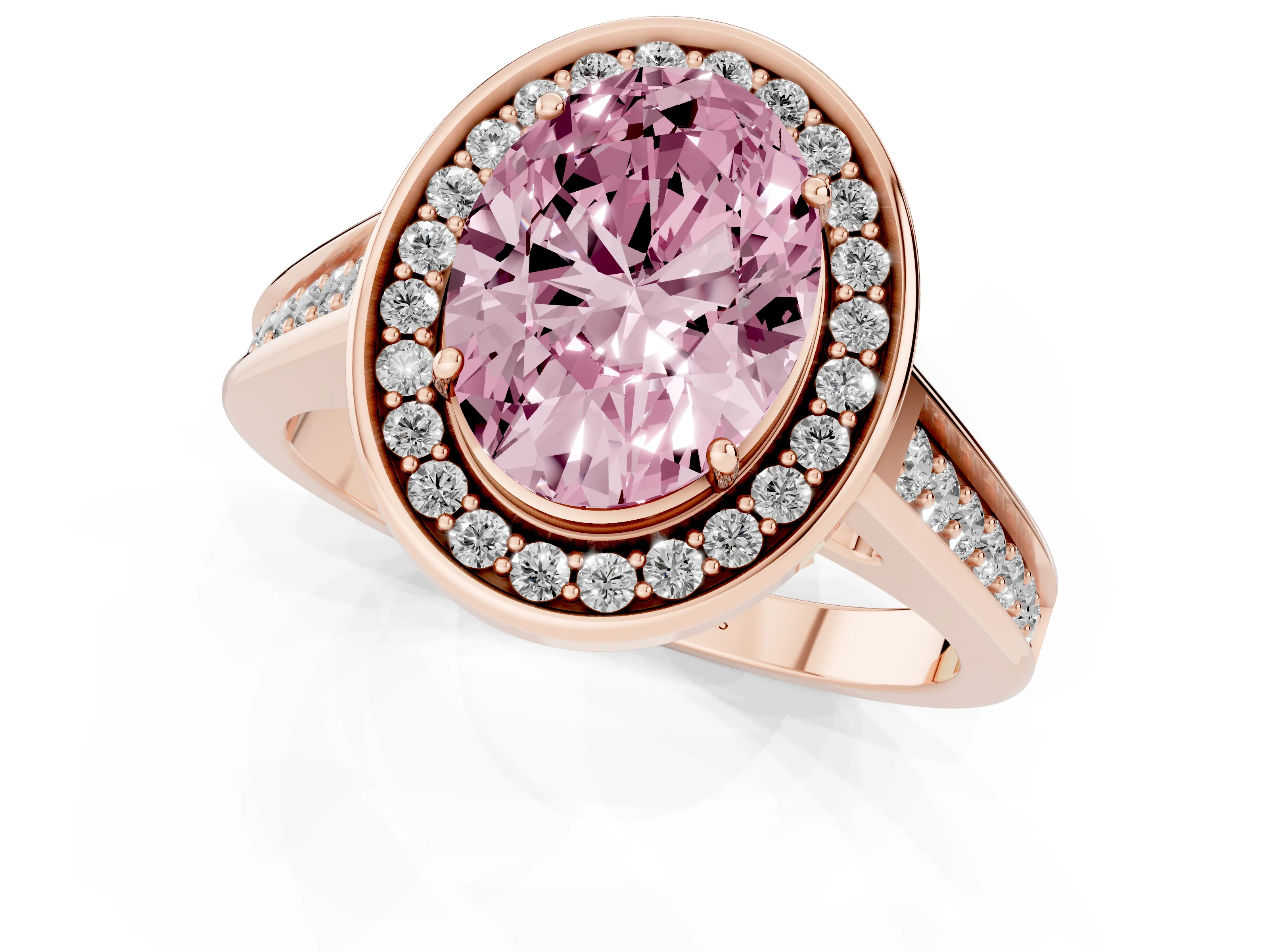 Fancy Pink Oval Cut Diamond Halo Solitaire Ring Set in Rose gold with Pavé Band and Bezel Setting