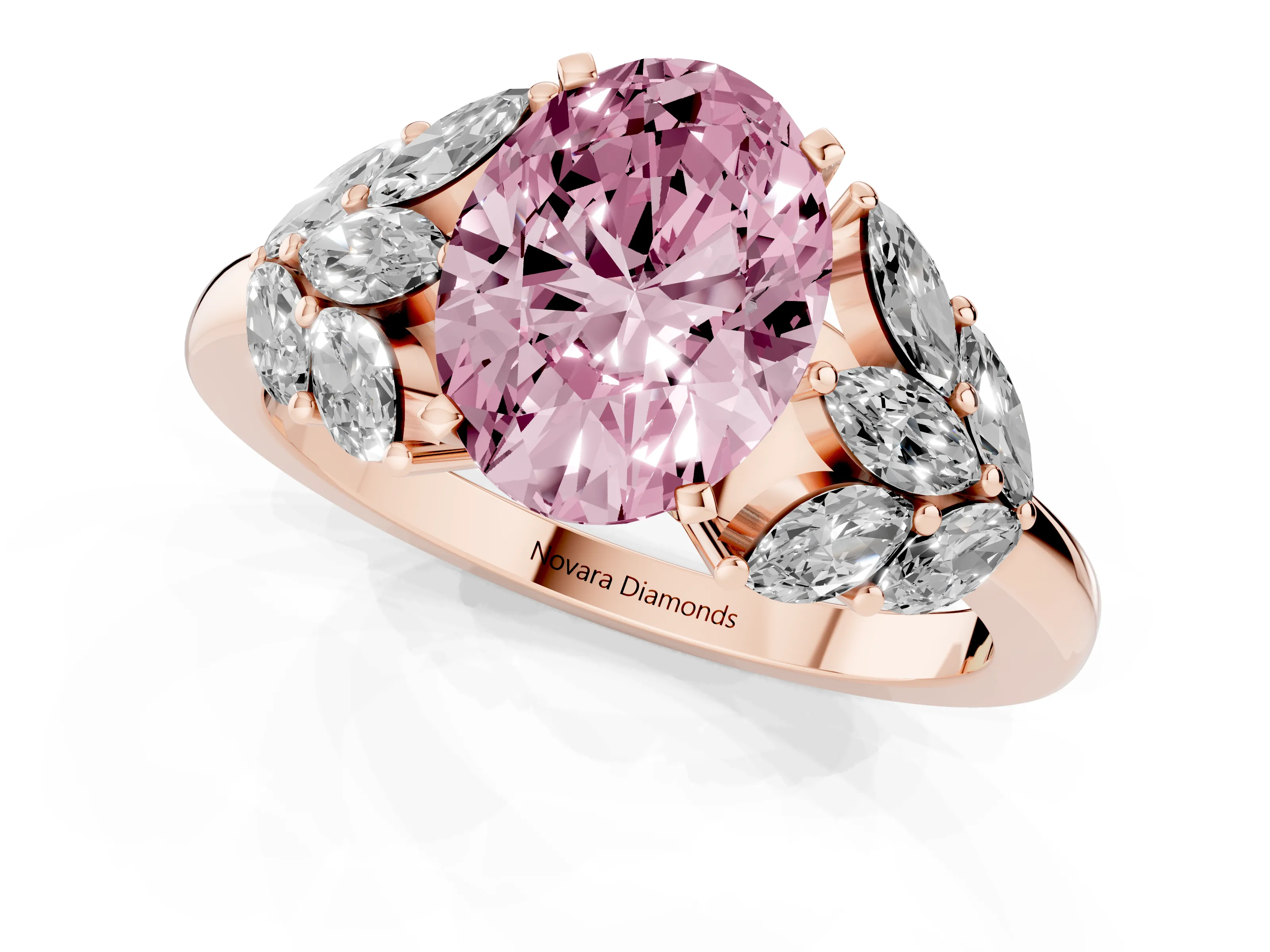 Fancy Pink Oval Cut Diamond Cluster Leaf Design Ring Set in Rose gold with Prong Setting