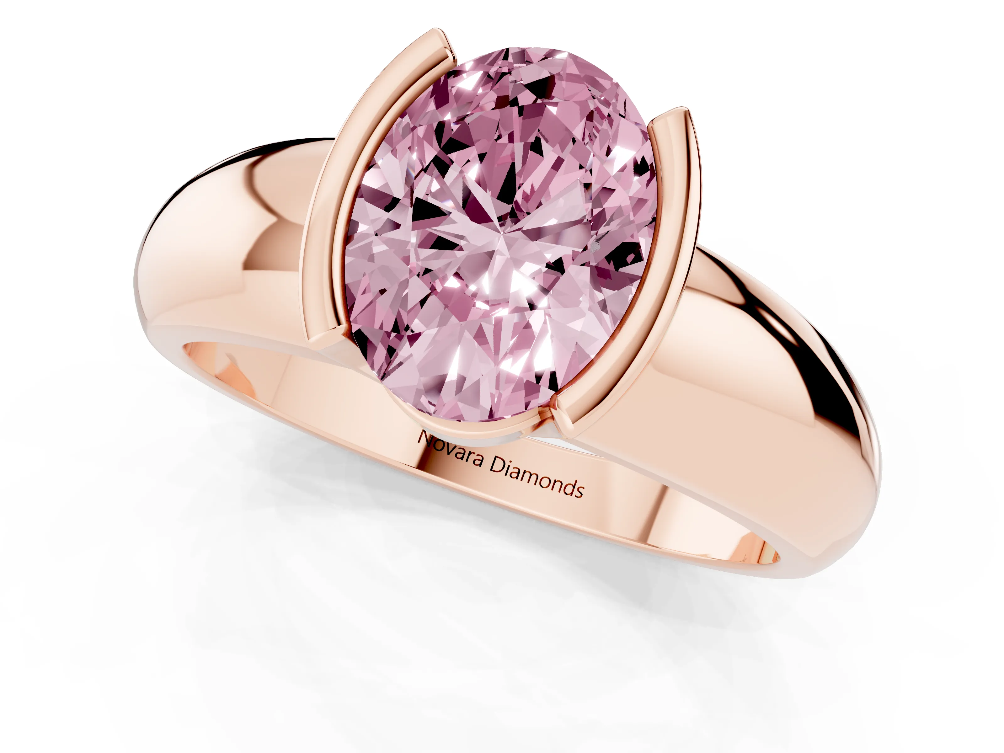 Fancy Pink Oval Cut Diamond Solitaire Tension Set Ring Set in Rose gold with Wide Band