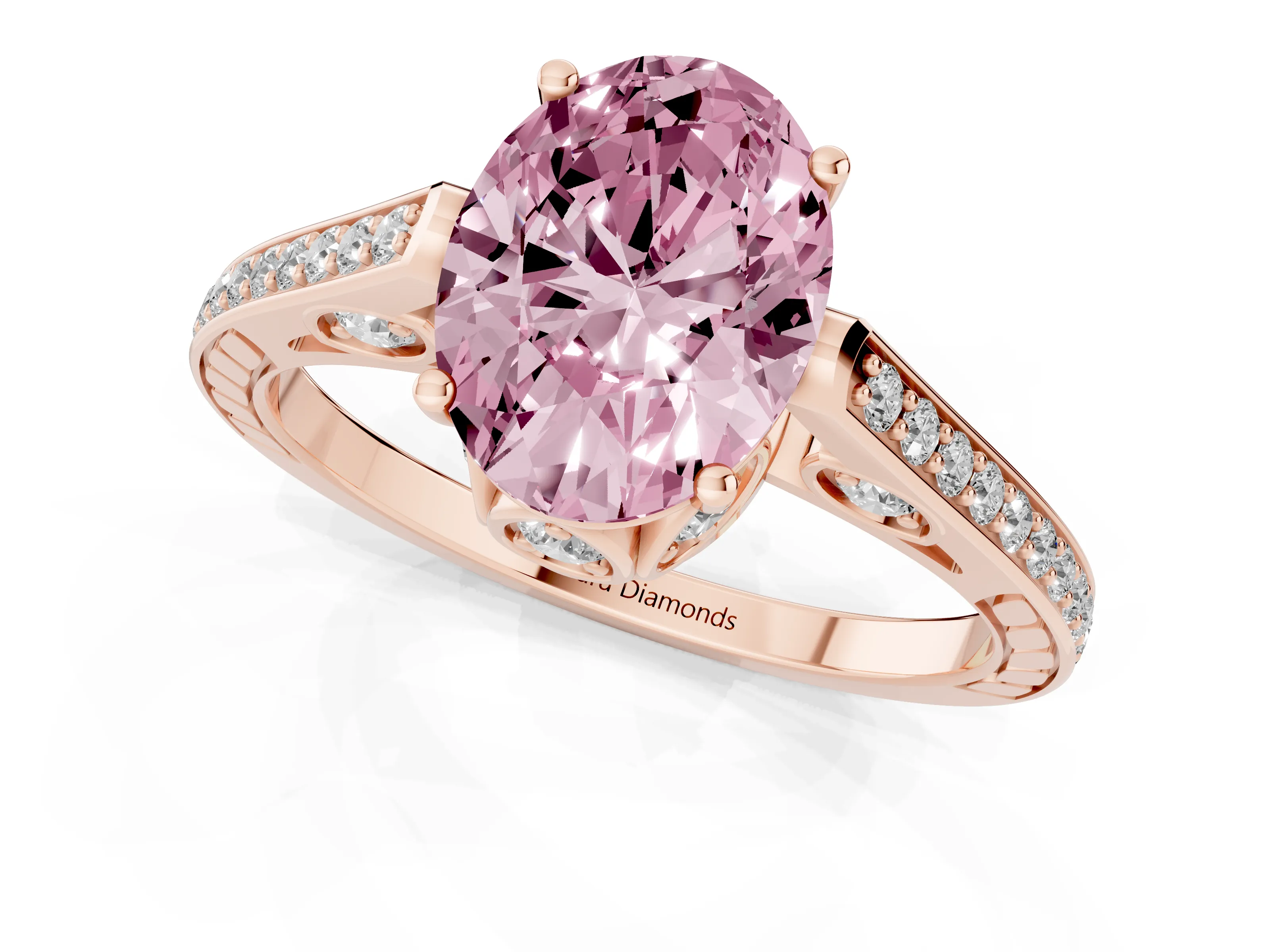 Fancy Pink Oval Cut Diamond Cathedral Pavé Engagement Ring Set in Rose gold with Prong Setting