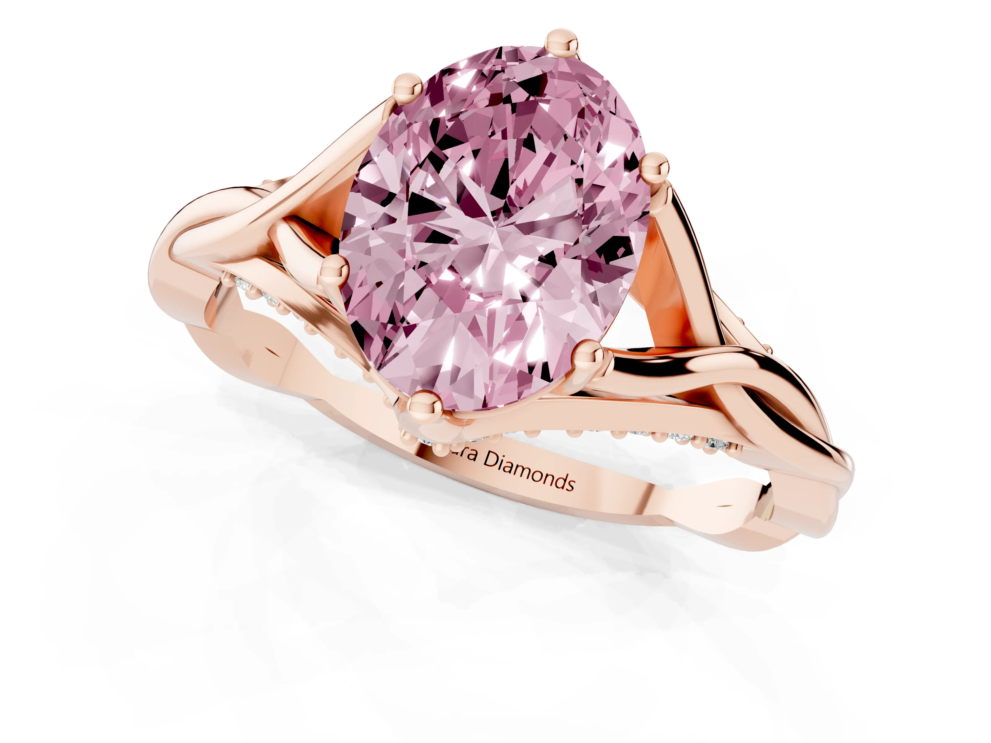 Fancy Pink Oval Cut Diamond Intertwined Twist Band Solitaire Ring Set in Rose gold with Prong Setting