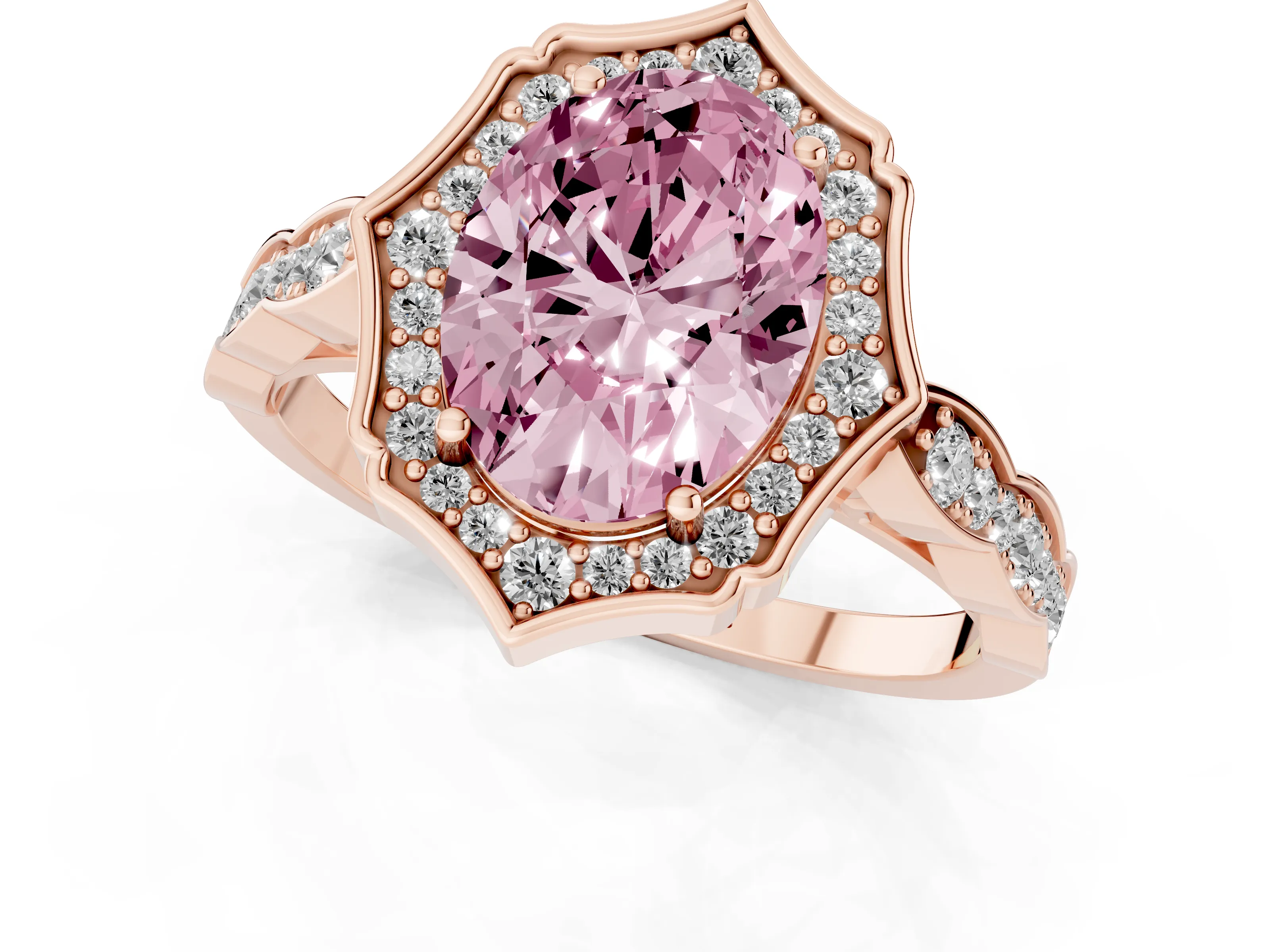 Fancy Pink Oval Cut Diamond Halo Engagement Ring Set in Rose gold with Milgrain Band and Prong Setting
