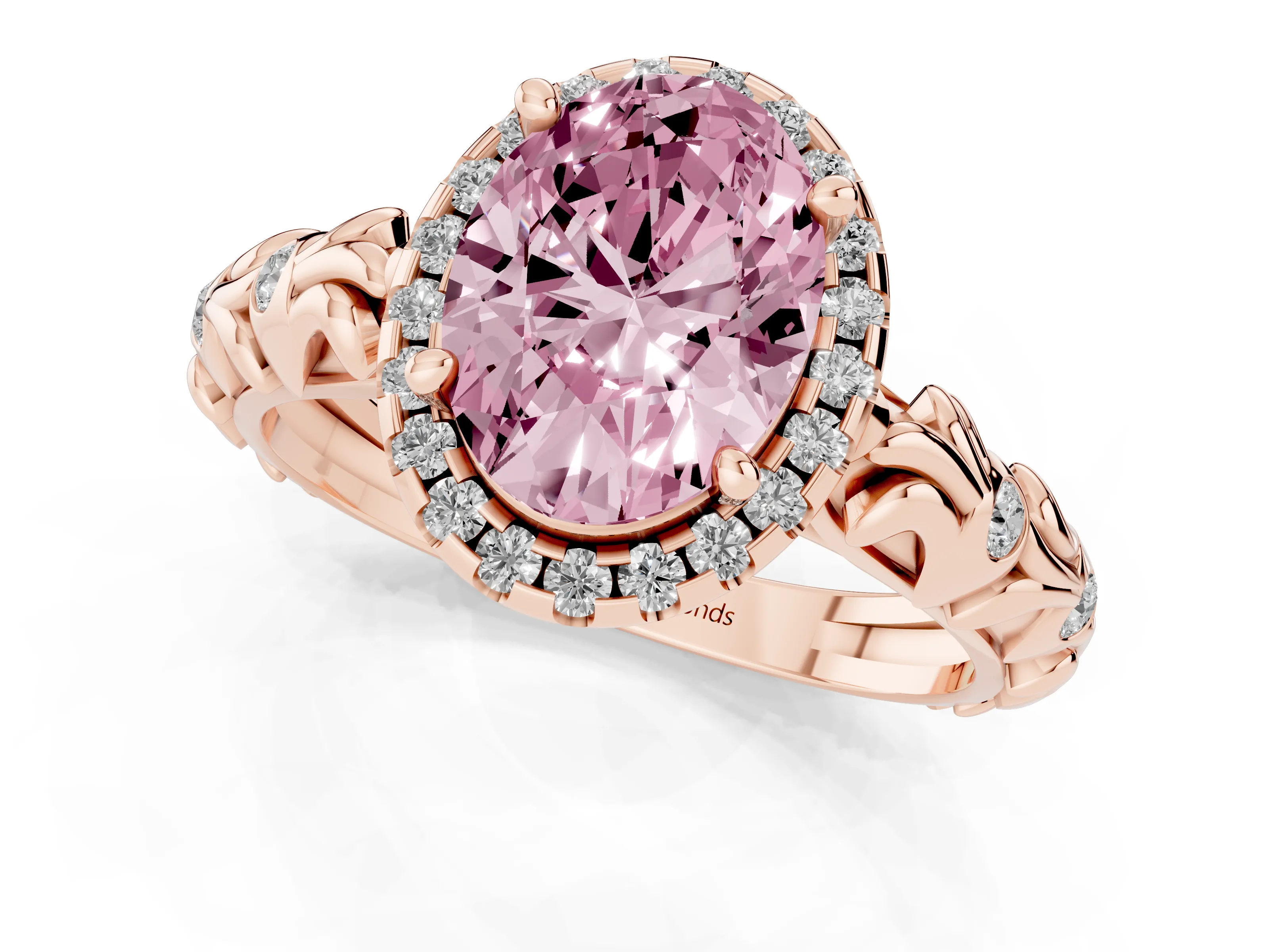 Fancy Pink Oval Cut Diamond Halo Ring Set in Rose gold with Filigree Leaf Band and Prong Setting