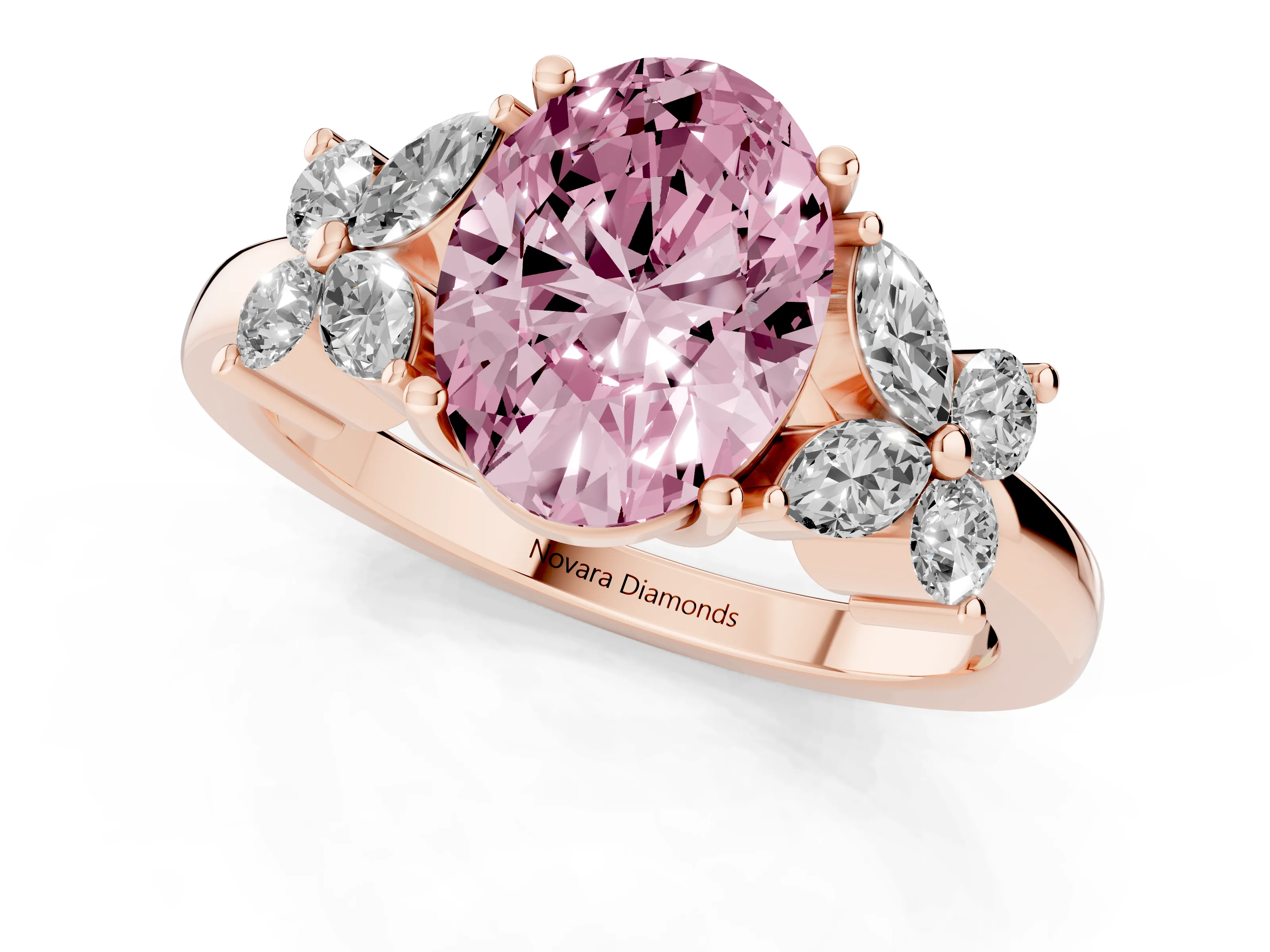 Fancy Pink Oval Cut Diamond Floral Cluster Ring Set in Rose gold with Marquise Petals and Prong Setting