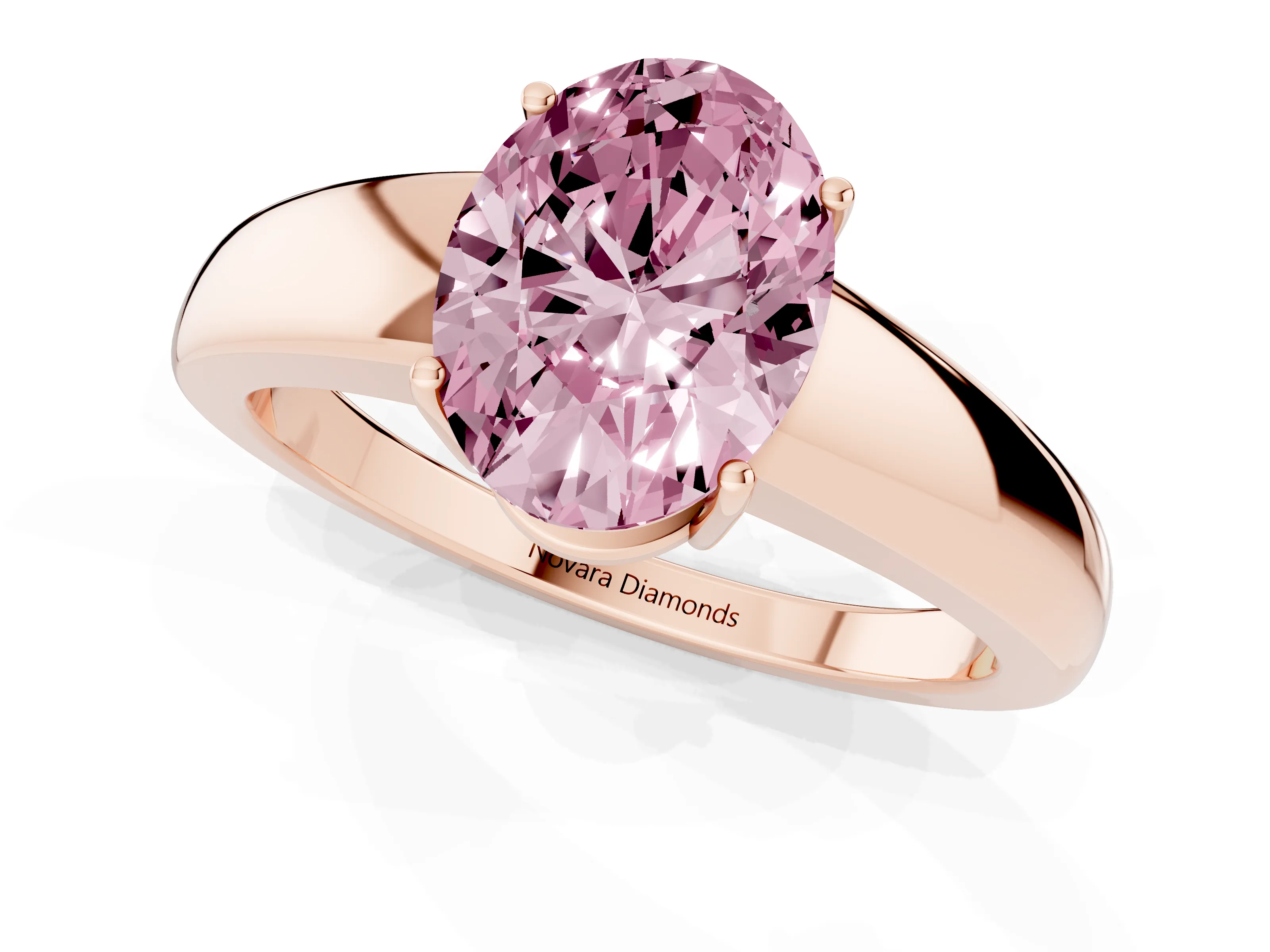 Fancy Pink Oval Cut Diamond Solitaire Ring Set in Rose gold with Tapered Band and Prong Setting