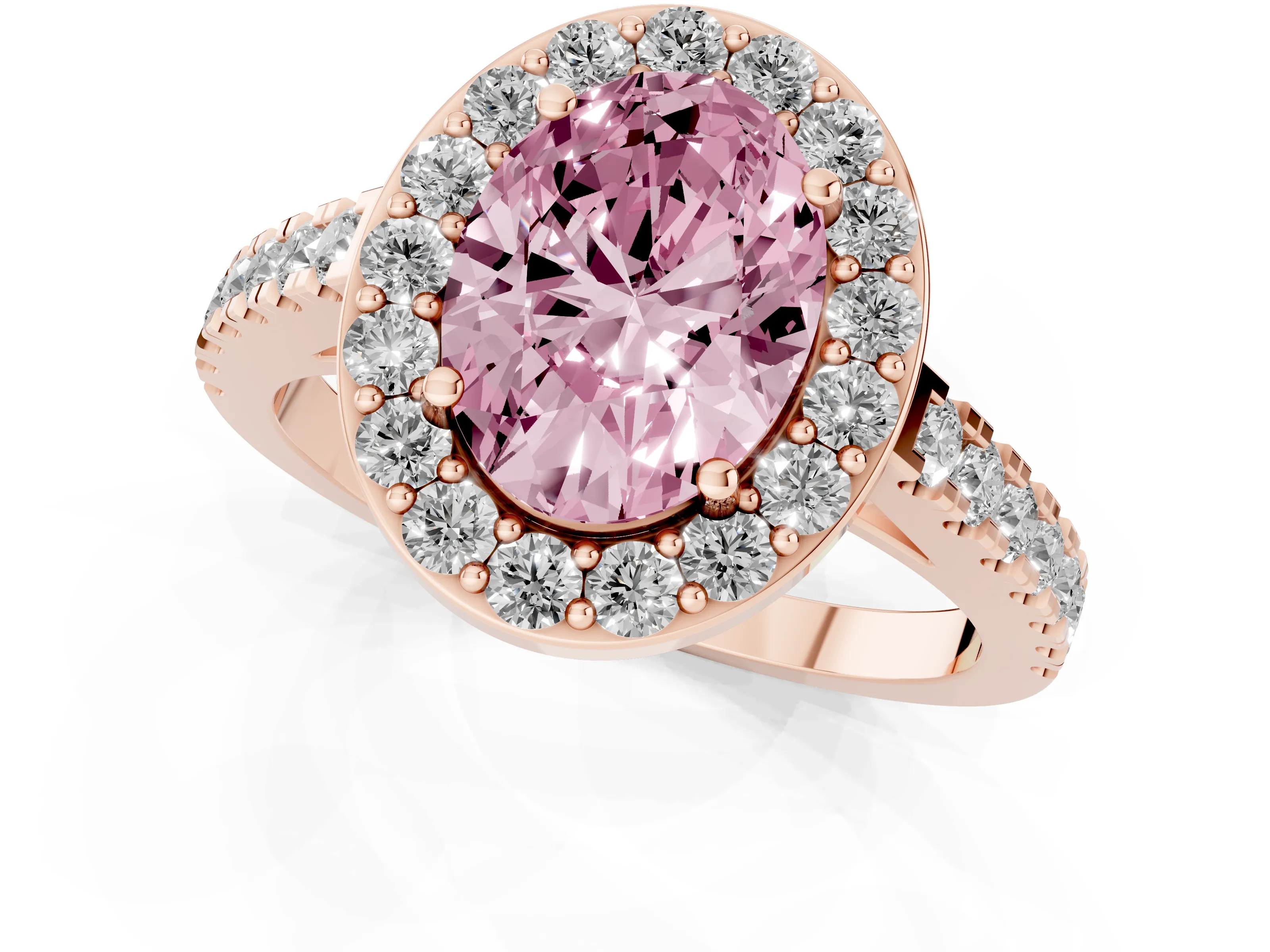 Fancy Pink Oval Cut Diamond Halo Ring Set in Rose gold with Round Pavé Split Shank and Prong Setting
