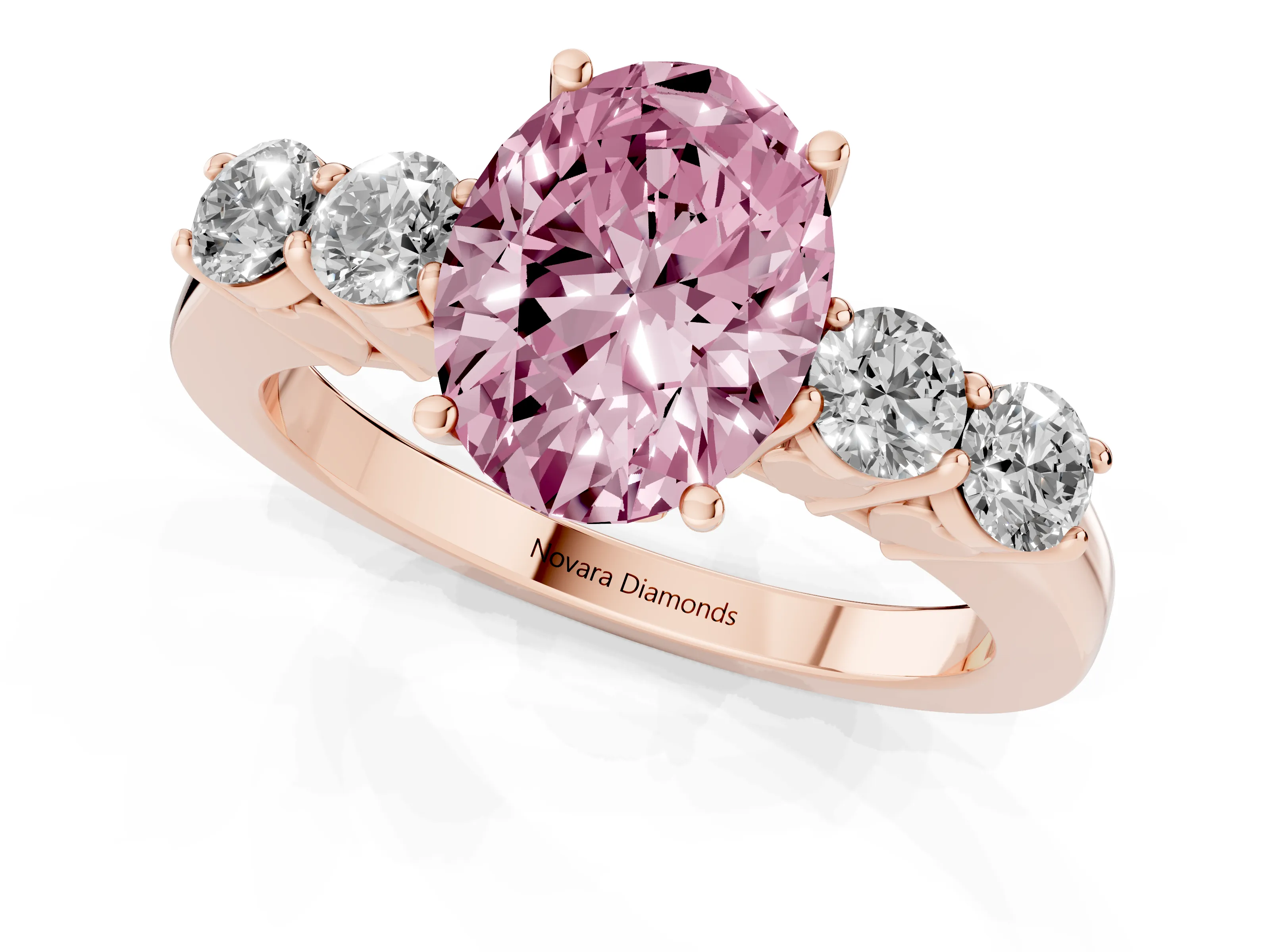 Fancy Pink Oval Cut Diamond Five-Stone Prong Set Band Ring Set in Rose gold with Polished Band