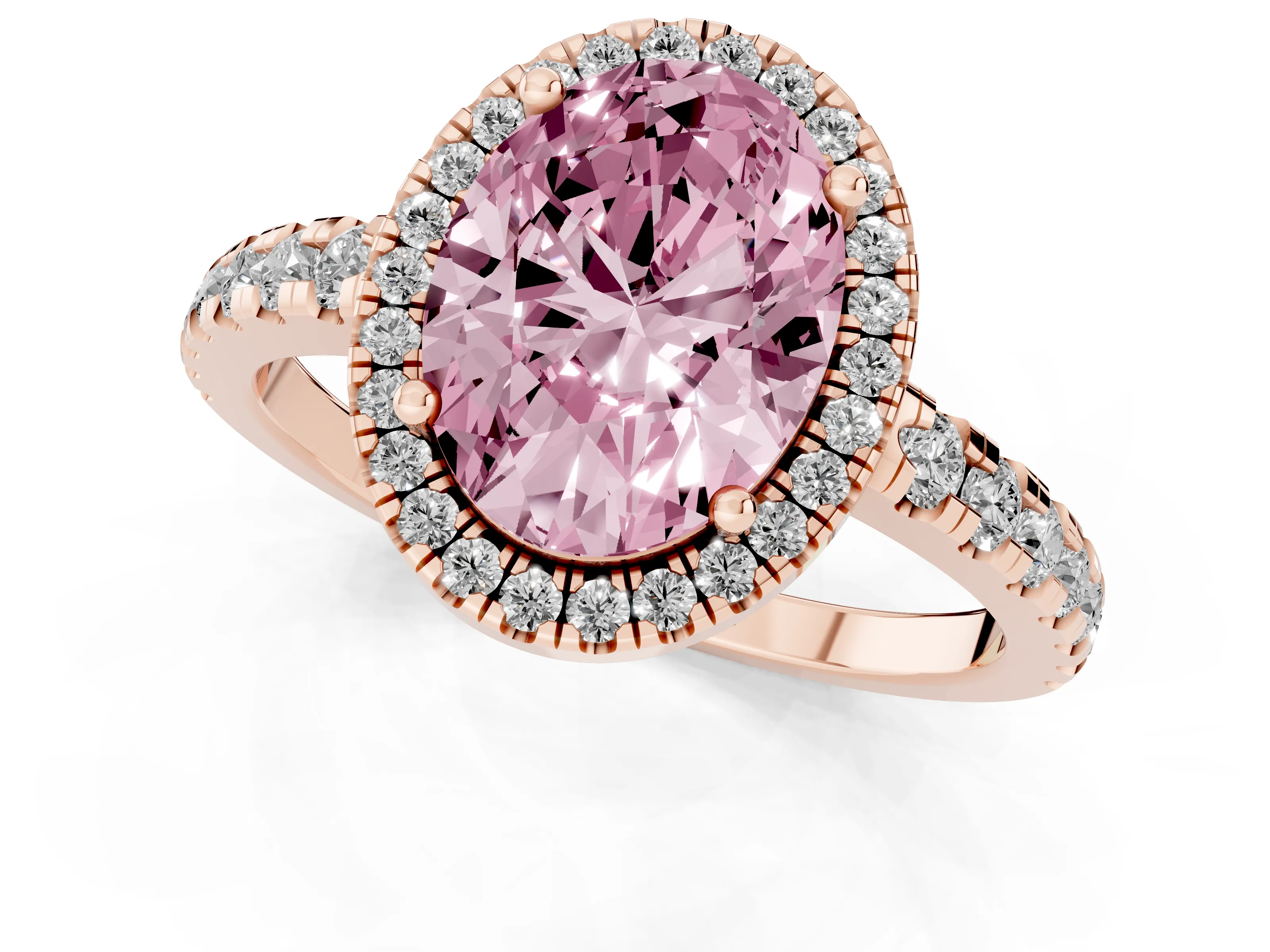 Fancy Pink Oval Cut Diamond Halo Ring Set in Rose gold with Delicate Pavé Band and Prong Setting