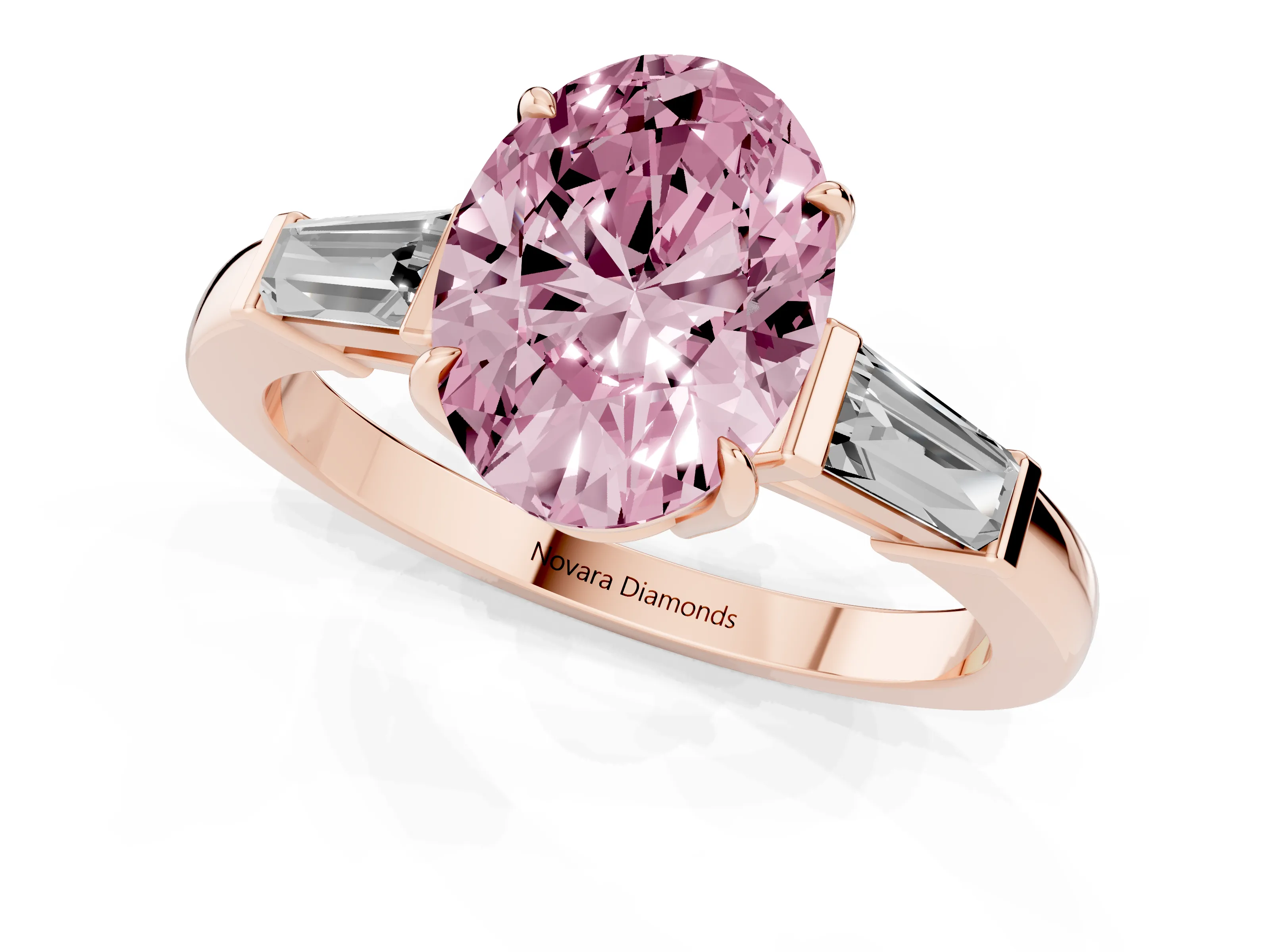 Fancy Pink Oval Cut Diamond Three-Stone Ring Set in Rose gold with Tapered Baguette Side Stones and Prong Setting