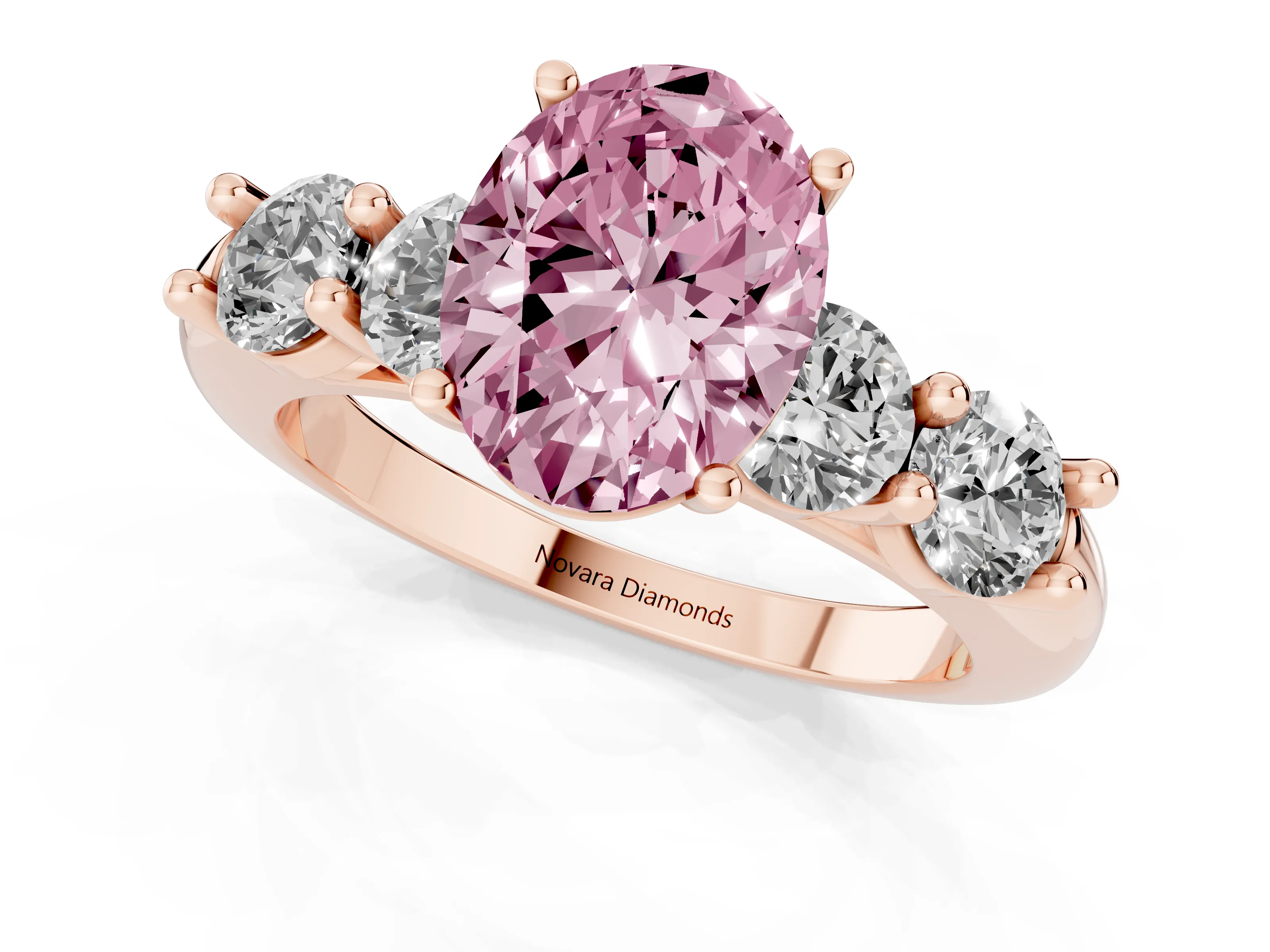 Fancy Pink Oval Cut Diamond Five-Stone Prong Set Ring Set in Rose gold with Classic Band