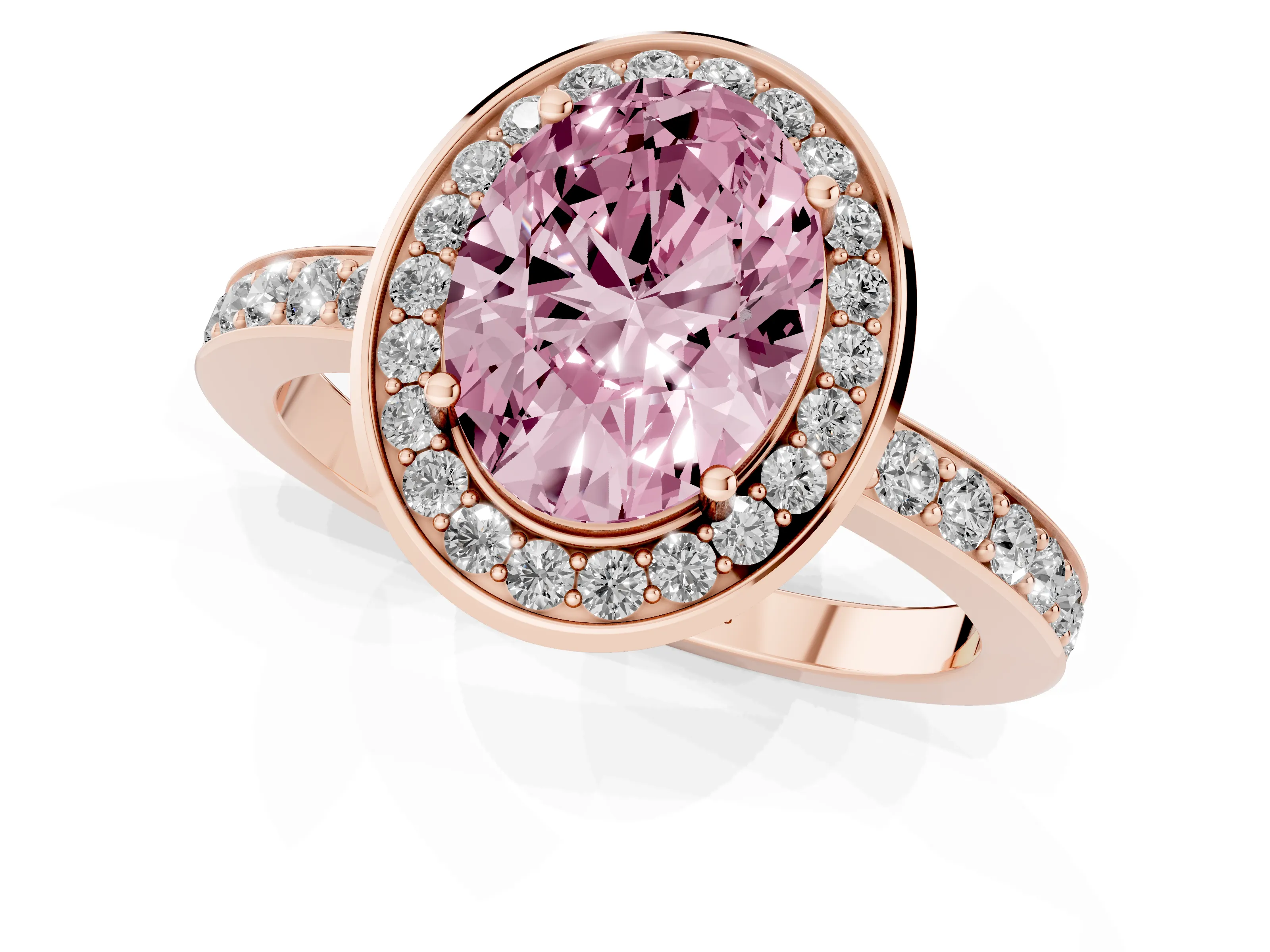 Fancy Pink Oval Cut Diamond Halo Ring Set in Rose gold with Bezel Frame and Pavé Band