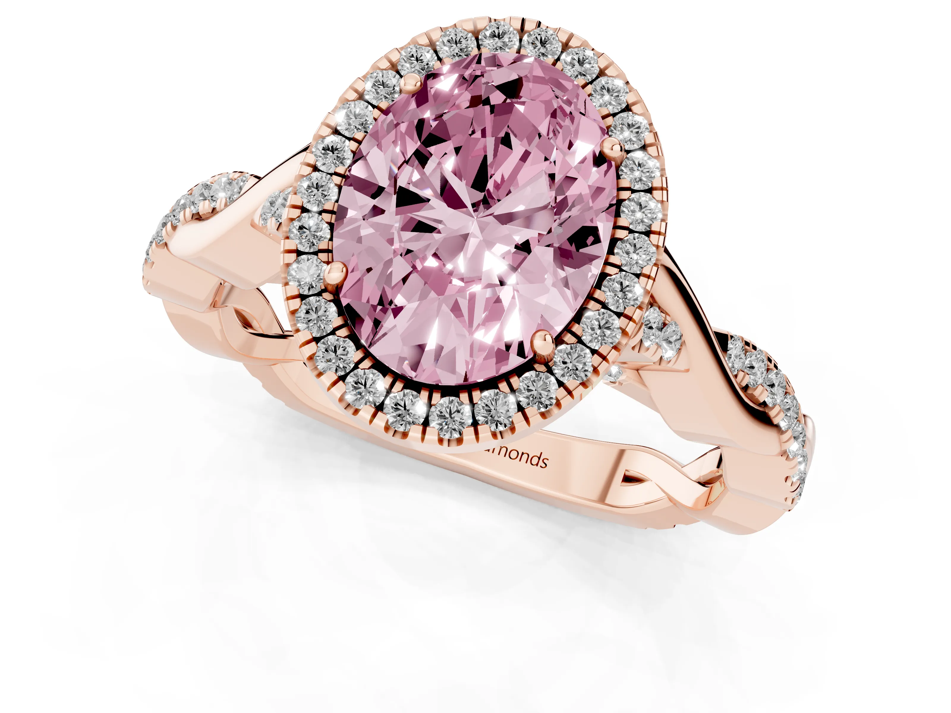 Fancy Pink Oval Cut Diamond Halo Twist Band Solitaire Ring Set in Rose gold with Prong Setting