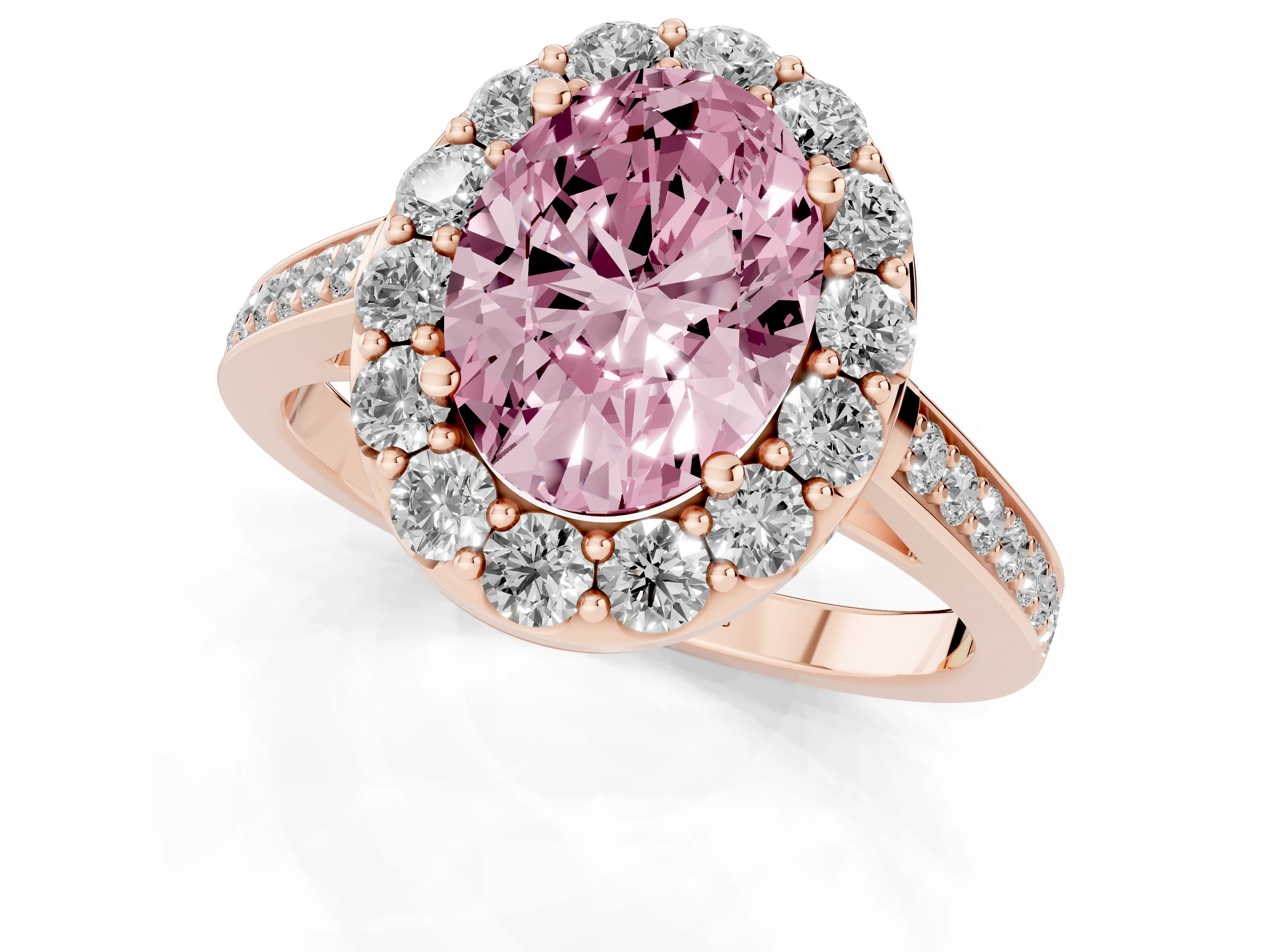 Fancy Pink Oval Cut Diamond Floral Halo Ring Set in Rose gold with Pavé Band and Prong Setting