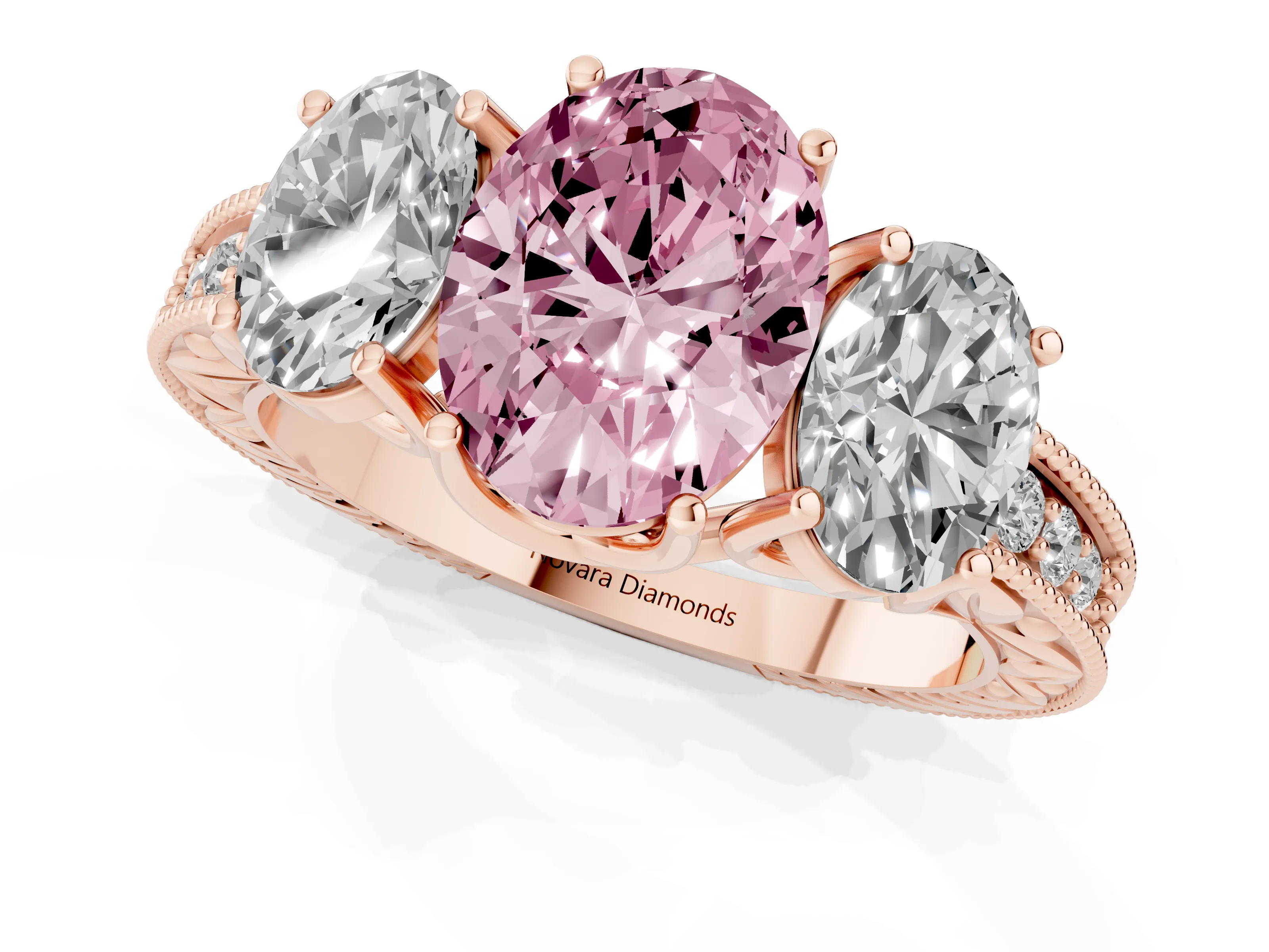 Fancy Pink Oval Cut Diamond Three-Stone Engagement Ring Set in Rose gold with Milgrain Pavé Band