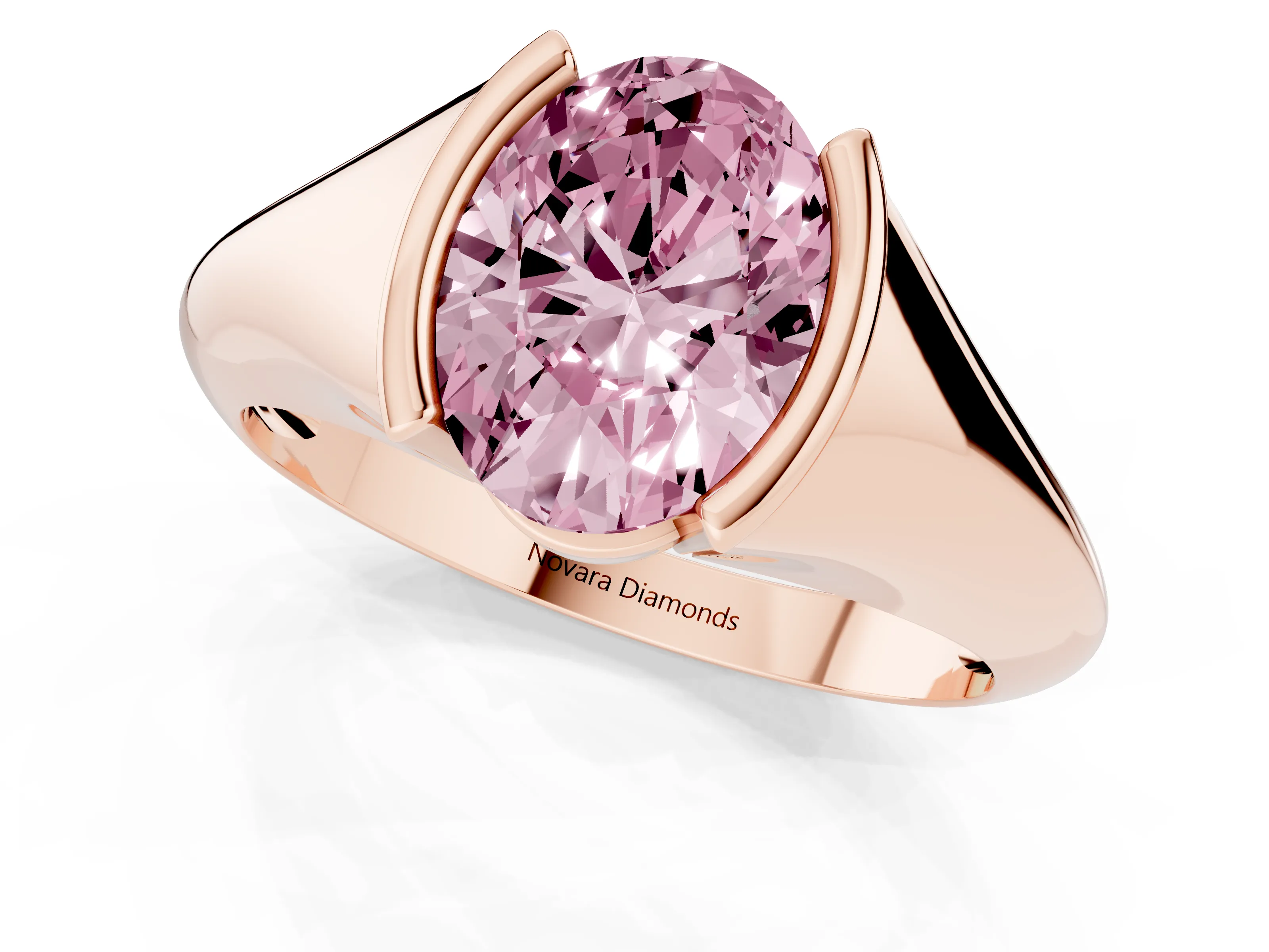 Fancy Pink Oval Cut Diamond Solitaire Tension Set Ring Set in Rose gold