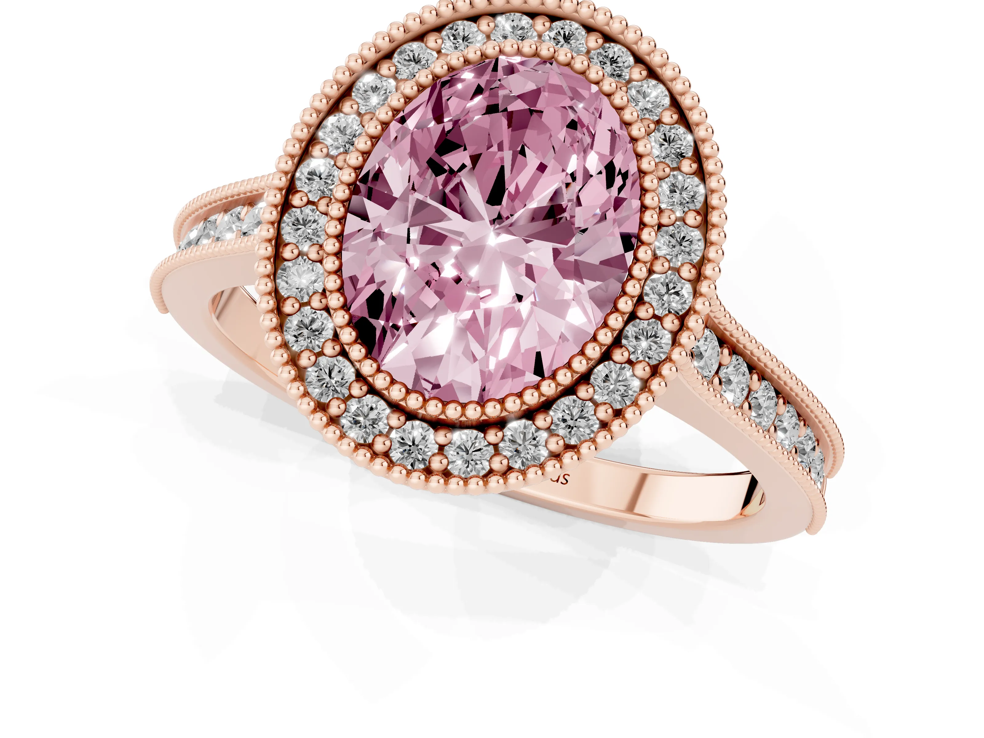 Fancy Pink Oval Cut Diamond Halo Milgrain Pavé Band Ring Set in Rose gold with Prong Setting