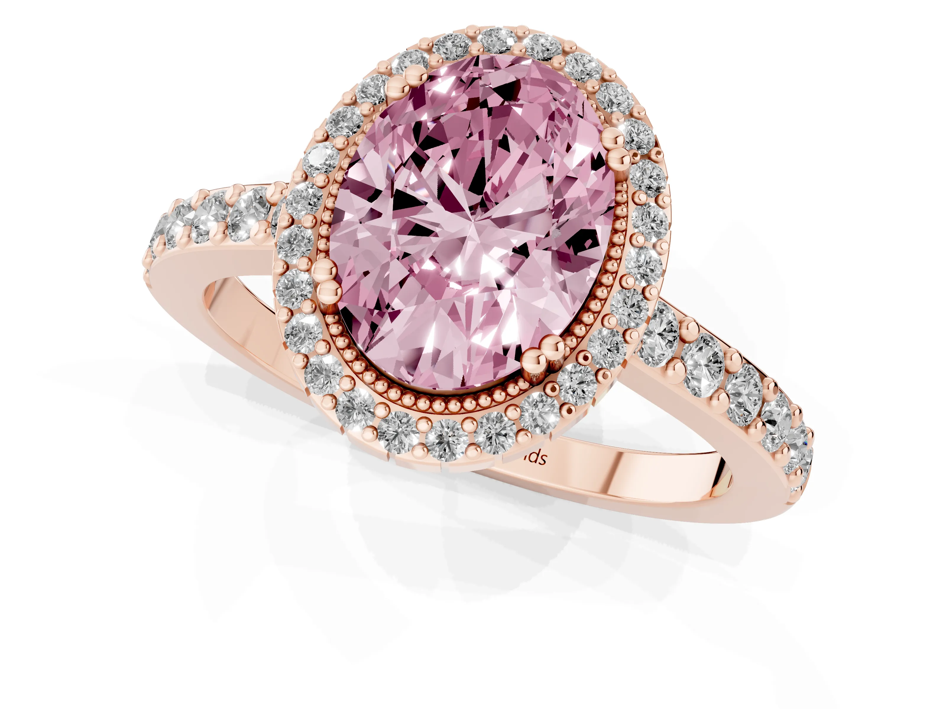 Fancy Pink Oval Cut Diamond Halo Engagement Ring Set in Rose gold with Milgrain Detail and Pavé Band